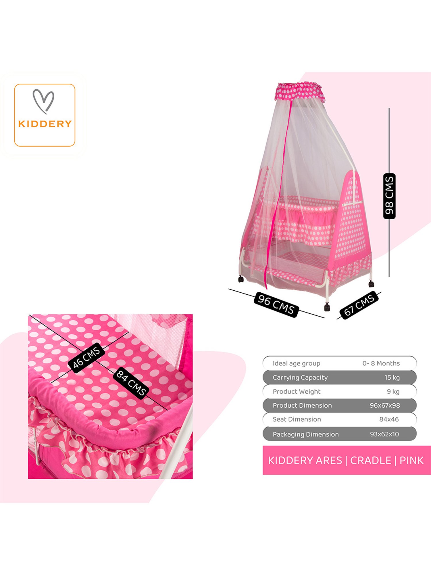 Kiddery Pink Baby Cradle with Mosquito Protection Net (Age 0-8 Months)