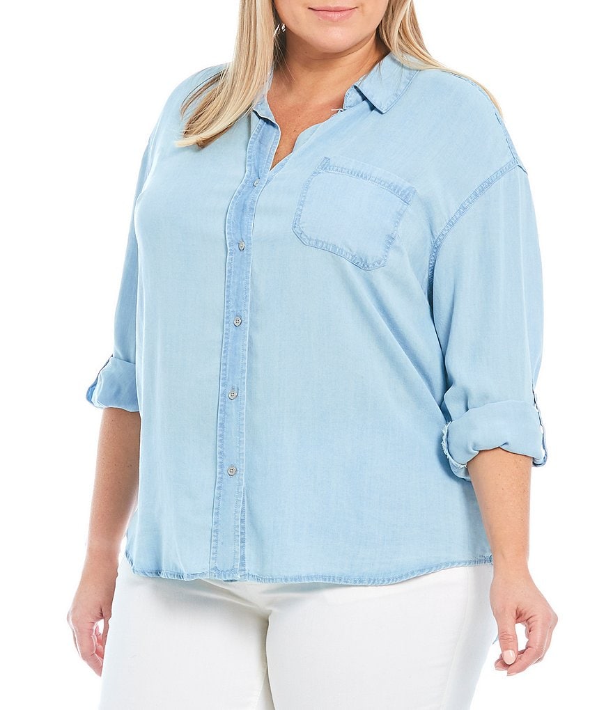 Westbound Plus Size Indigo Button Down Point Collar Roll-Tab Long Sleeve Button Front Shirt