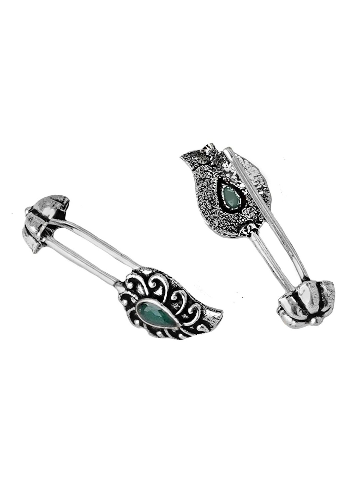 Teejh Ethnic Mitali Green Stone Silver Oxidsed Ear Cuff Earrings