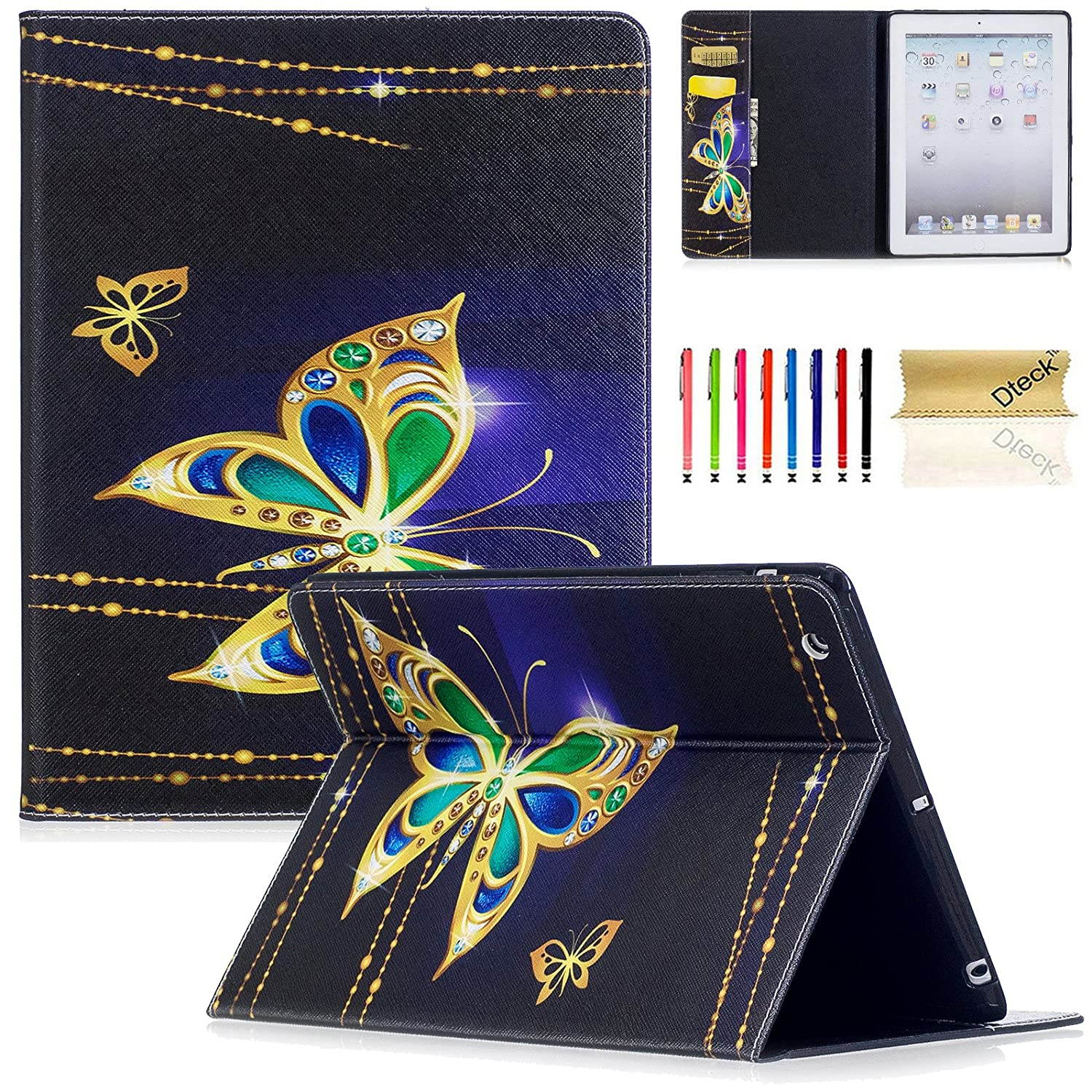 iPad 2 Case, iPad 3 Case, iPad 4th Generation Case, Dteck PU Leather Folio Wallet Case with Card/Money Slots Flip Protective Shell Magnetic Closure Cover for Apple iPad 2 3 4 - Jewelry Butterfly