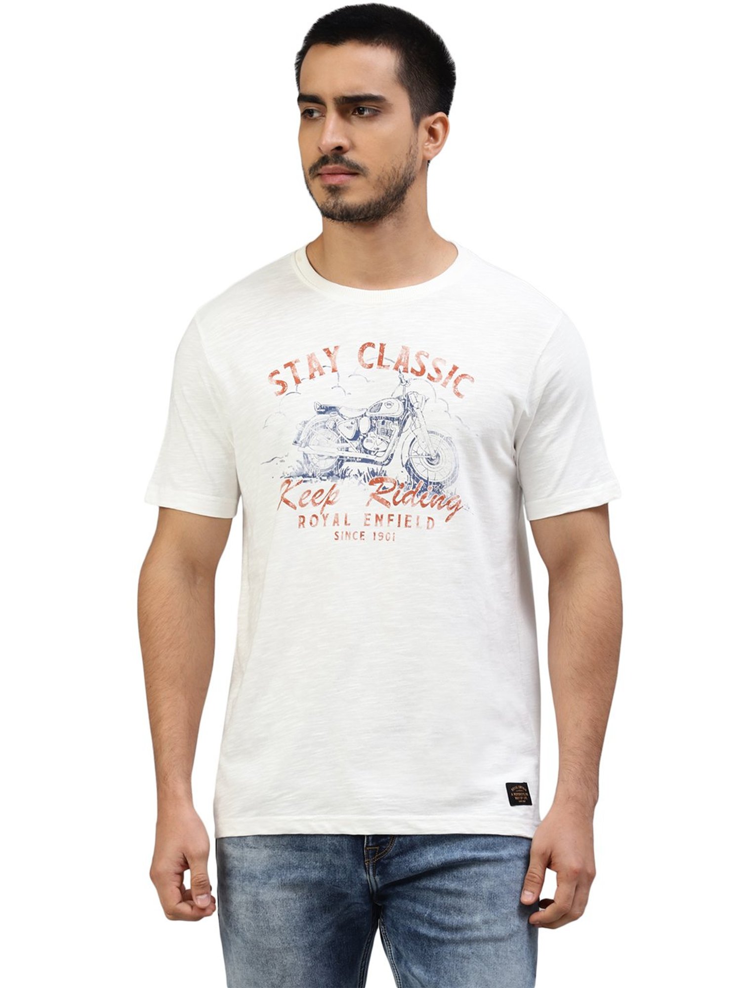 Royal Enfield Ride On White Regular Fit Printed Crew T-Shirt