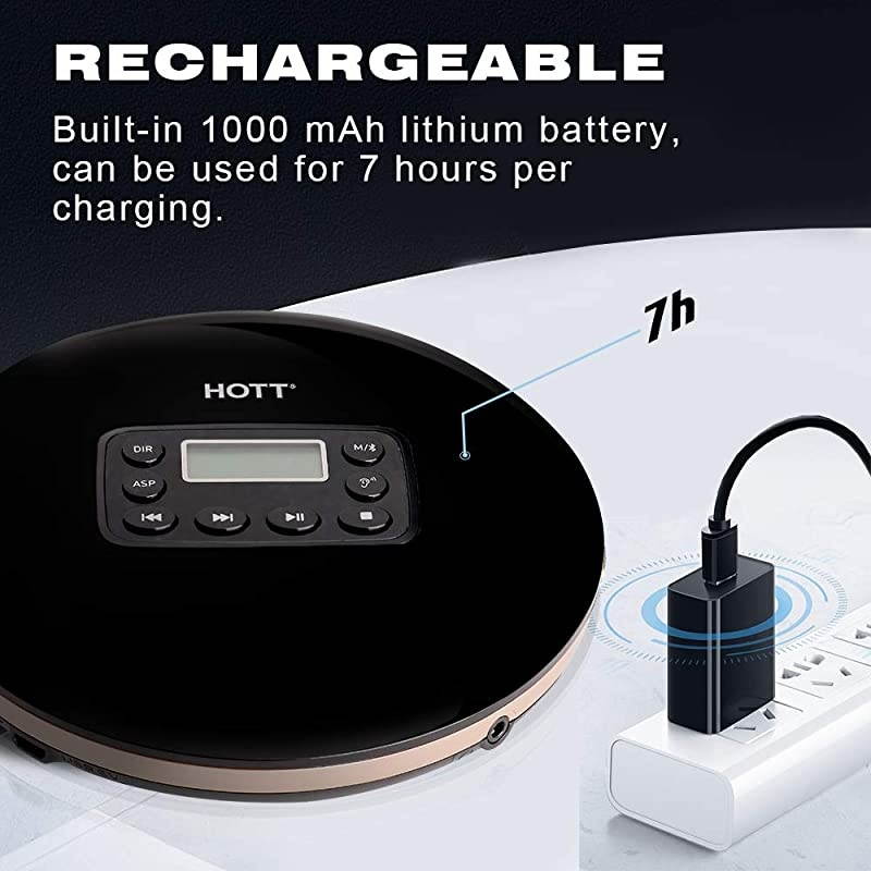 CD711T Bluetooth Rechargeable Portable CD Player for Home Travel and Car with Stereo Headphones and, Anti Shock Protection-Black
