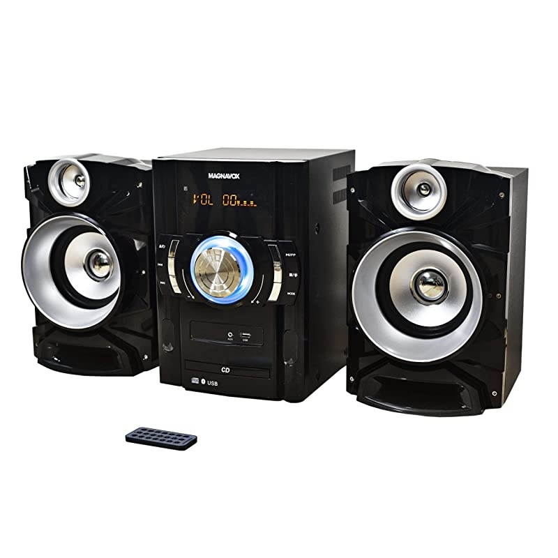 MM440 3Piece CD Shelf System with Digital PLL FM Stereo Radio Bluetooth Wireless Technology and Remote Control in Black | Blue Colored Lights | LED Display | AUX Port Compatible |