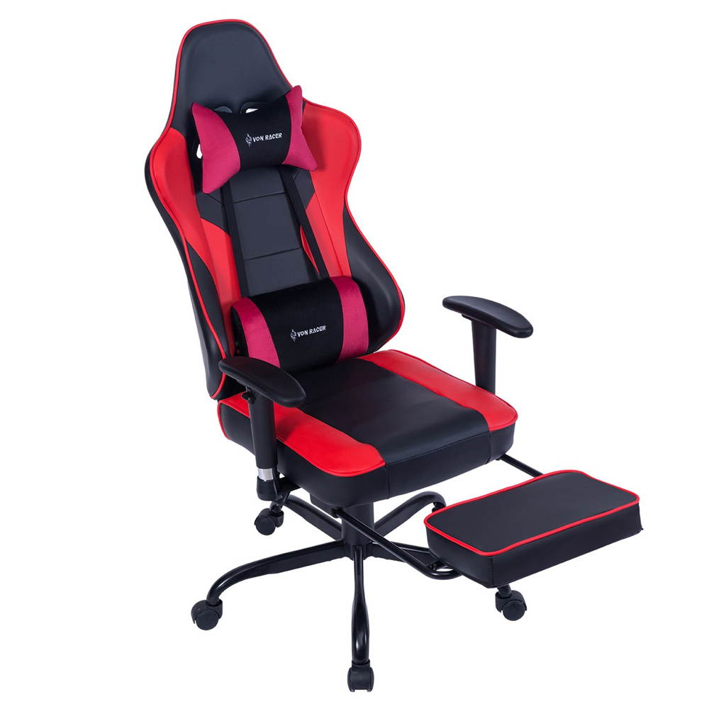 VON RACER Massage Gaming Chair - High Back Racing PC Computer Desk Office Chair Swivel Ergonomic Executive Leather Chair with Footrest and Adjustable Armrests(Grey)