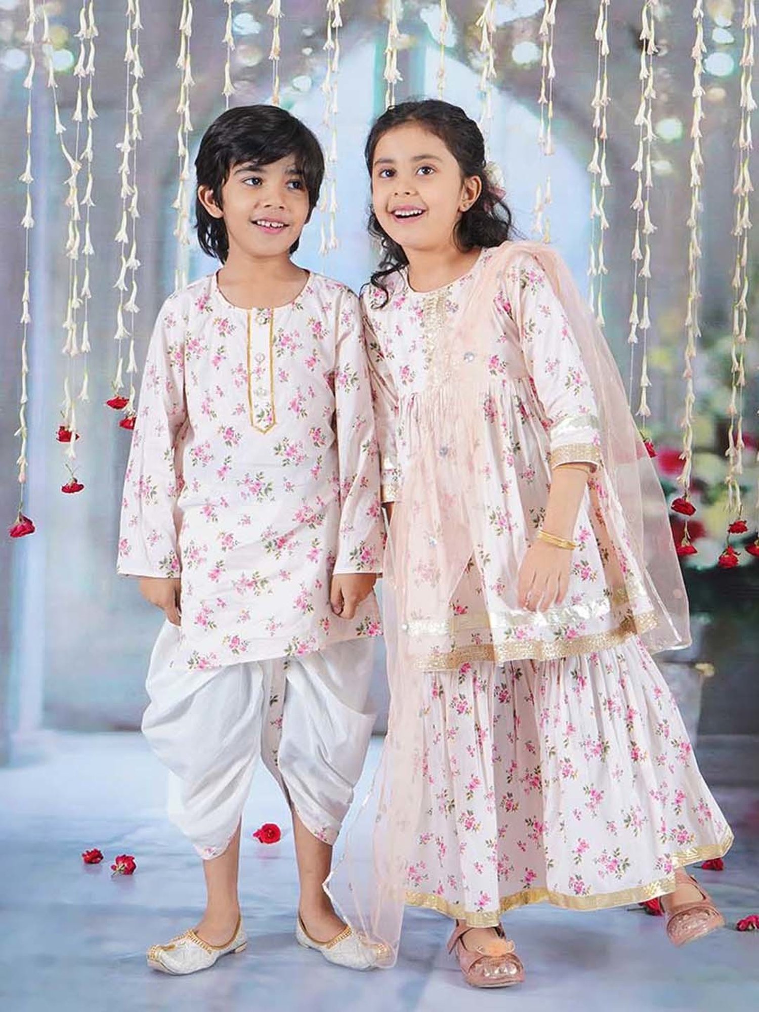 Little Bansi Pink & White Cotton Floral Print Full Sleeves Kurta Set
