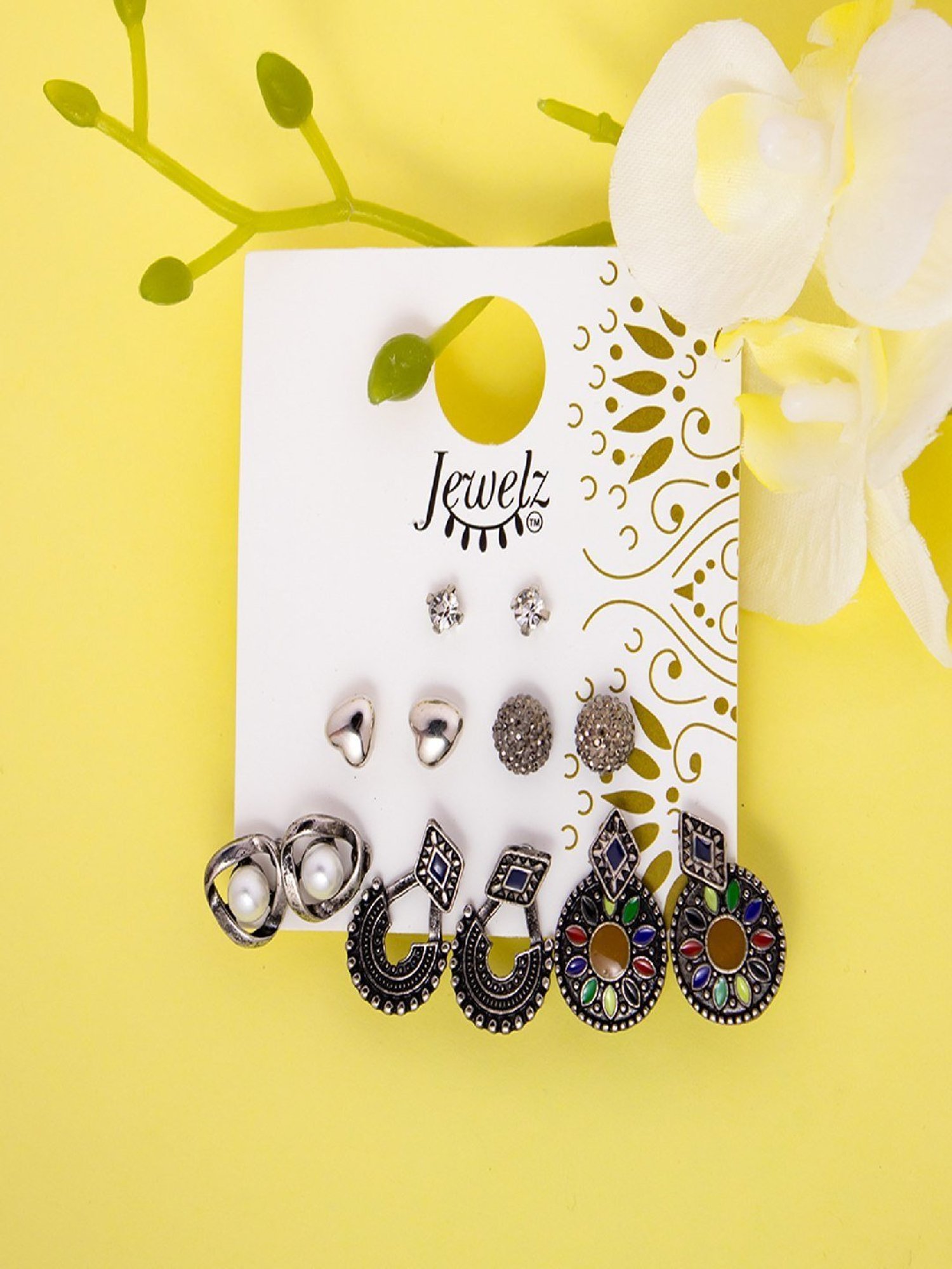 Jewelz Gold Multi-shaped Stud Earring for Girls & Women Pack of 12