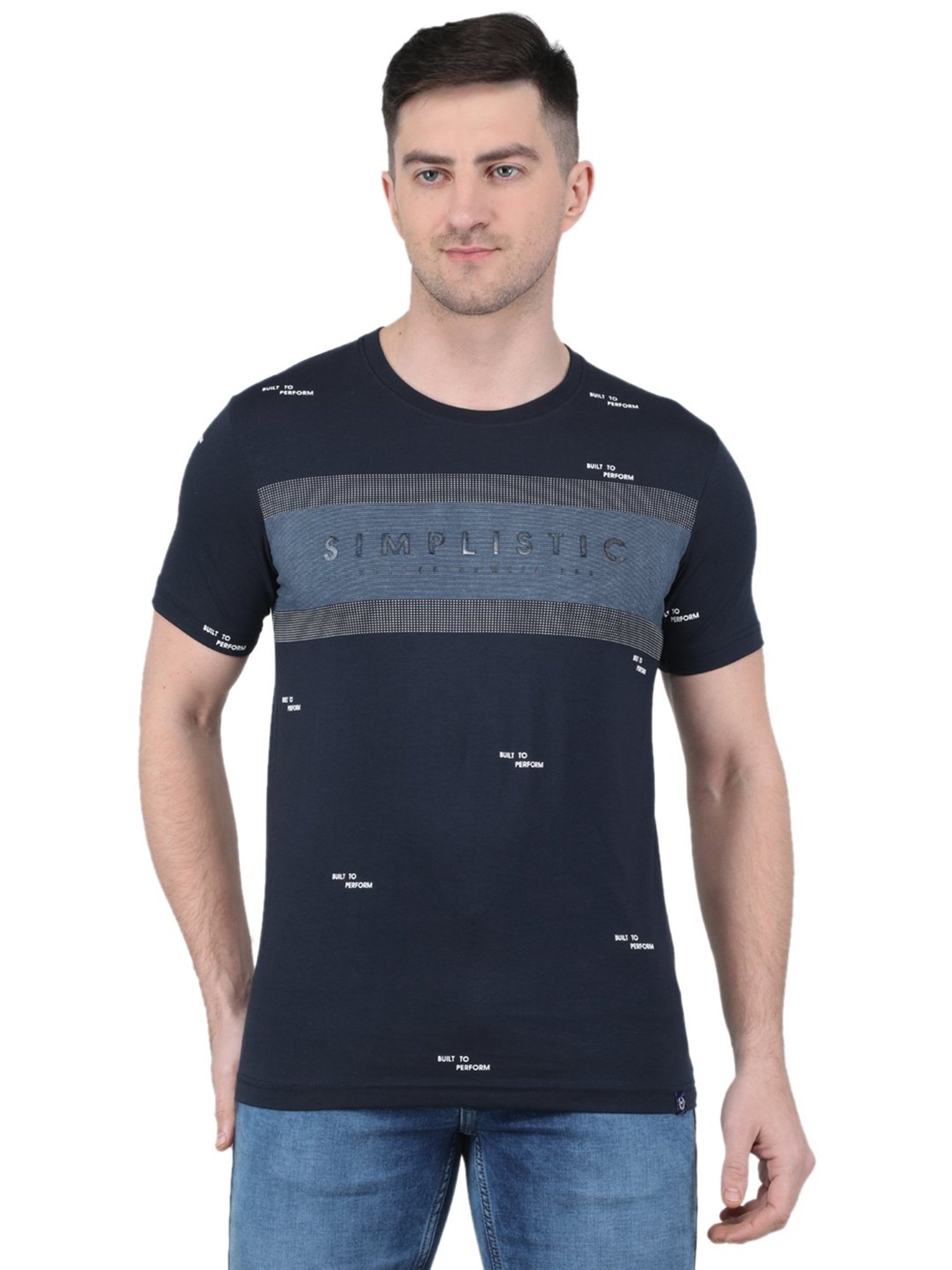 Monte Carlo Navy Regular Fit Printed Crew T-Shirt