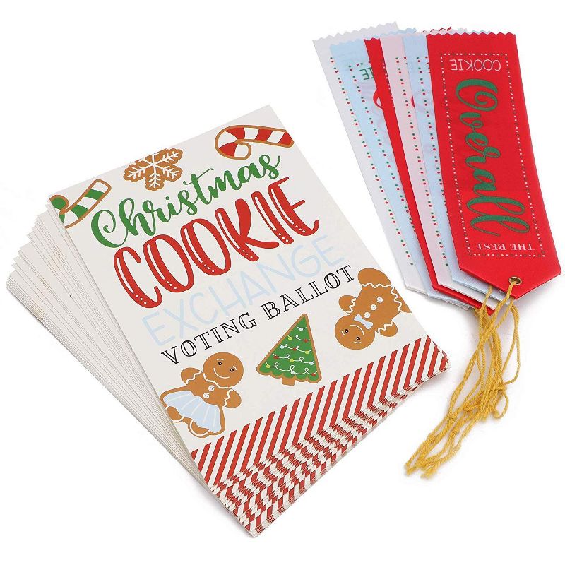 Blue Panda 30 Pack Christmas Cookie Exchange Party Voting Cards with 6 Award Ribbons (2 Sizes)