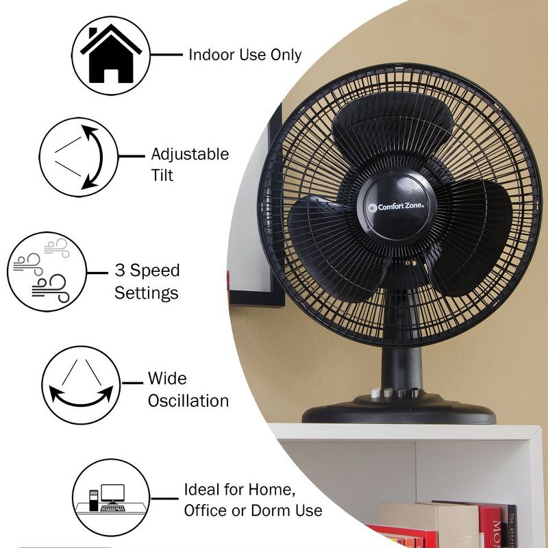 Comfort Zone CZ121BK Powerful 12 Inch High Velocity 3 Speed Adjustable Wide Oscillating Home Desk/Tabletop Portable Fan, Black