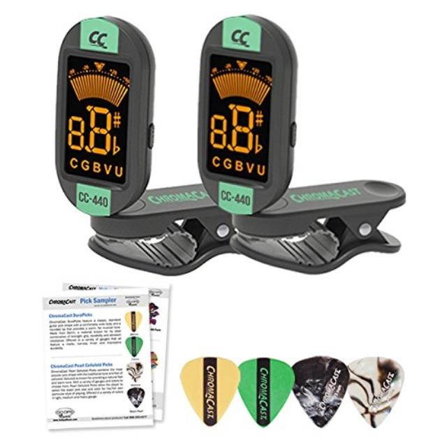 chromacast cc440sgr2pkkit1 clip on chromatic tuner with pick sampler, surf green, 2 pack
