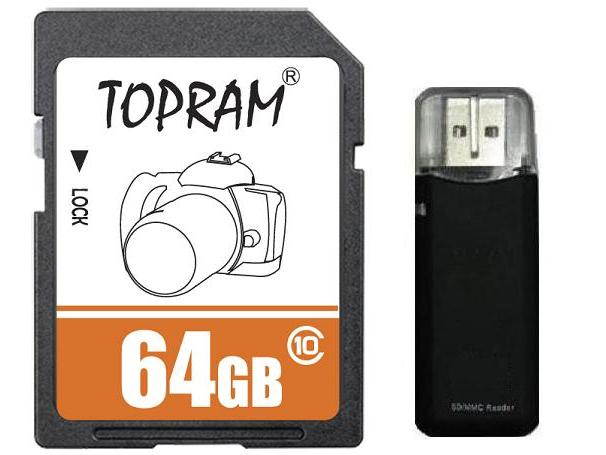 TOPRAM 64GB 64G SD SDHC SDXC Card Class 10 Extreme Speed for Camera & Camcorder with R3 Reader
