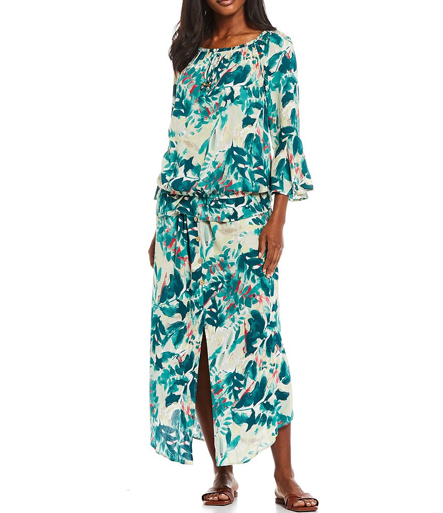 I.N. Studio Tropical Watercolor Floral Print Crepon Tie Front Button Detail Slit Front Pull-On Skirt