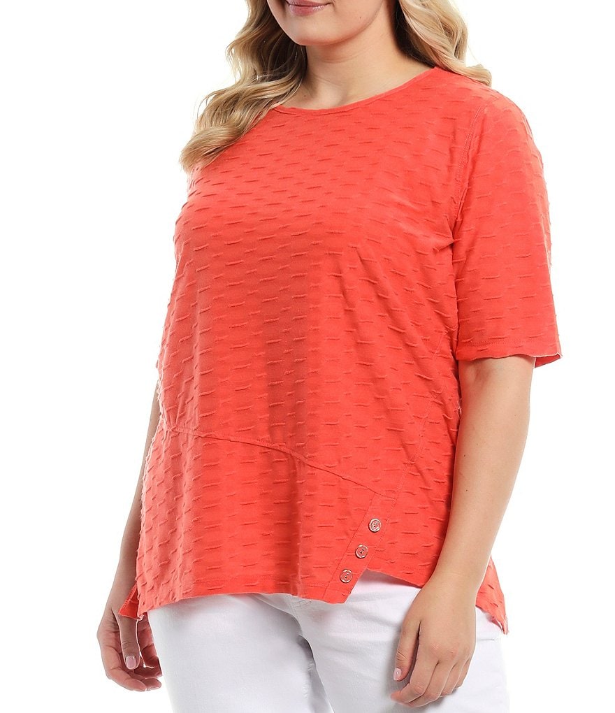 Multiples Plus Size Solid Textured Knit Crew Neck Short Sleeve Button Detail Asymmetrical Hem Top