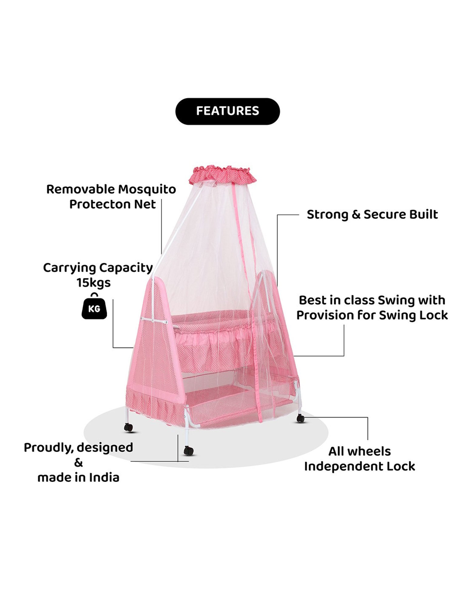 Kiddery Pink Baby Cradle with Mosquito Protection Net (Age 0-8 Months)
