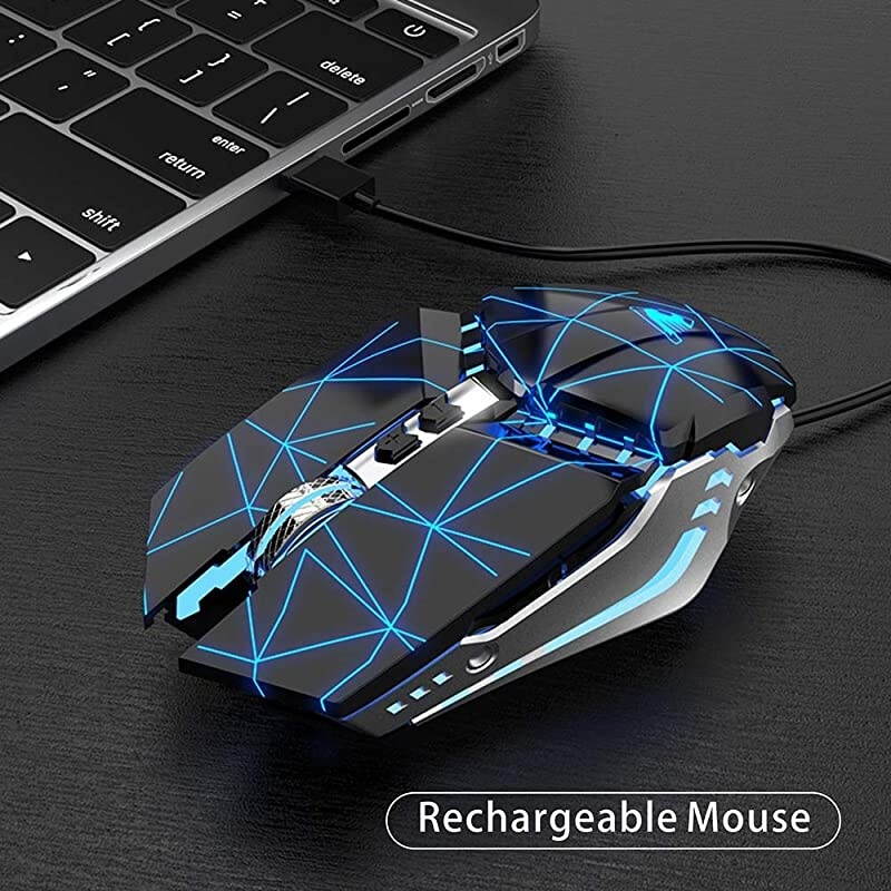 T12 Wireless Gaming Mouse Rechargeable, 2.4G Silent Optical Wireless Computer Mice with Changeable LED Light Compatible with Laptop PC, 7 Buttons, 3 Adjustable DPI (Starry Black)