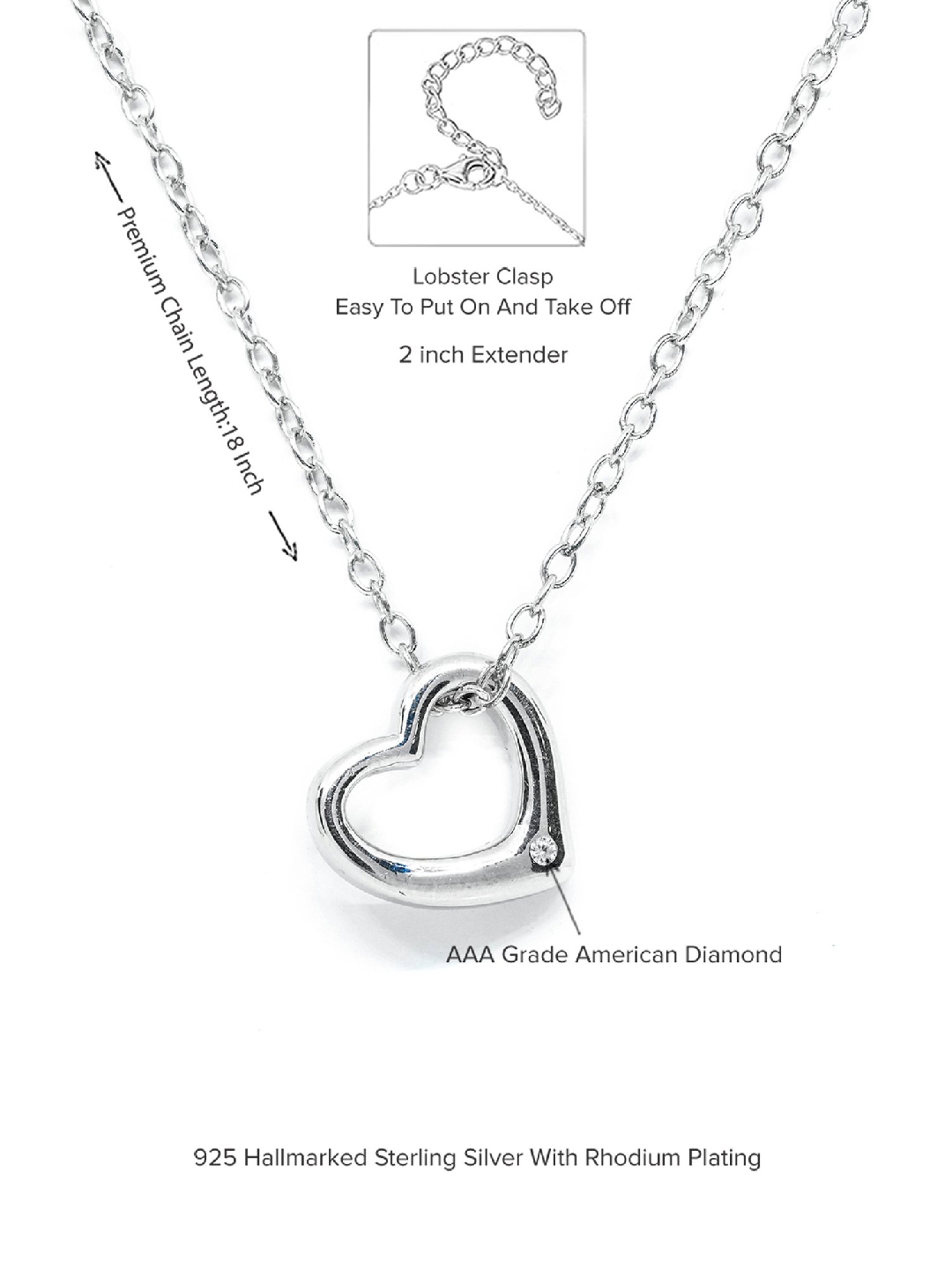 925 Silver American Diamond Solitaire Love Pendant with 18-inch Chain for Women & Girls