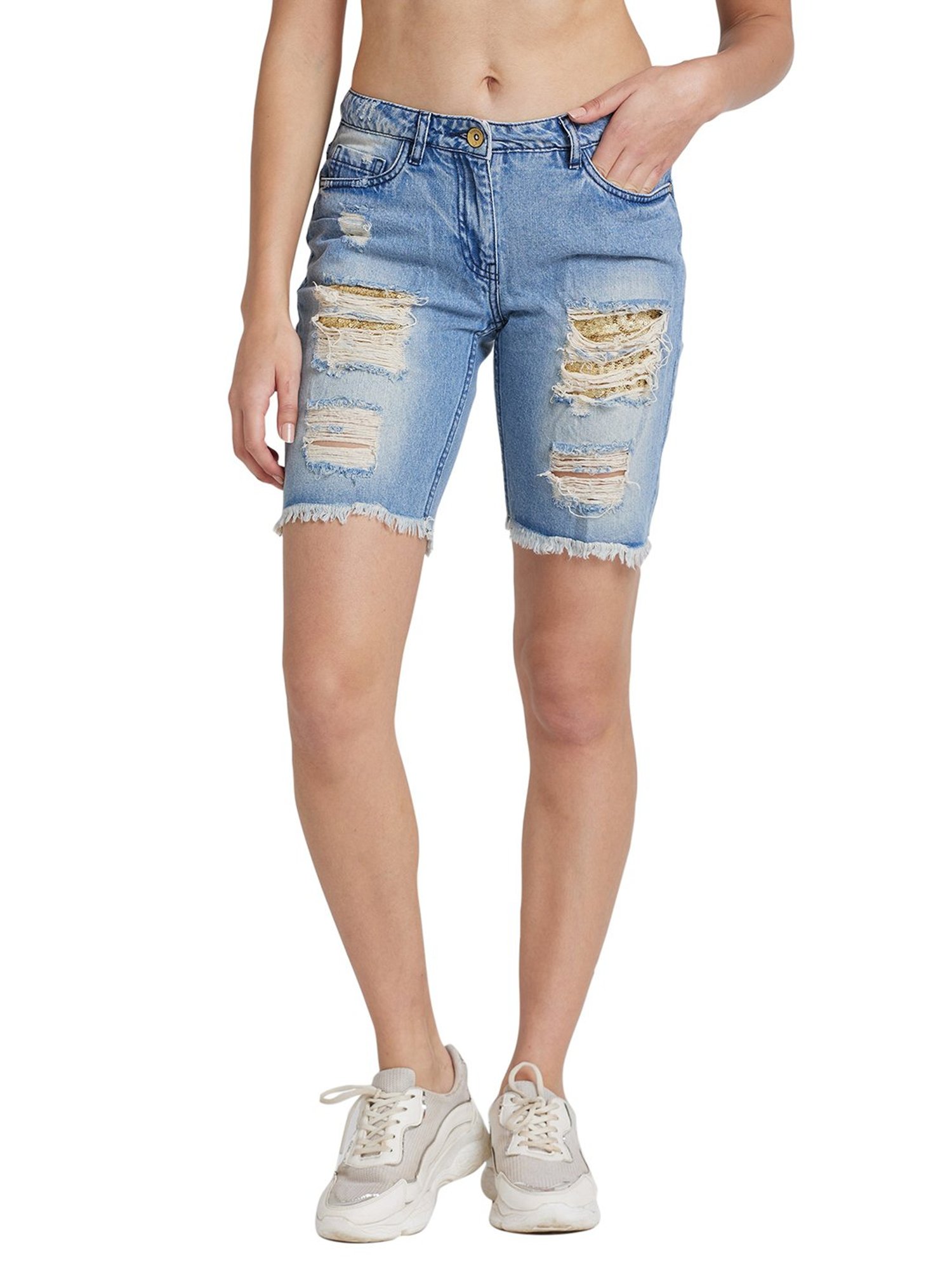 Being Human Blue Distressed Mid Rise Denim Shorts