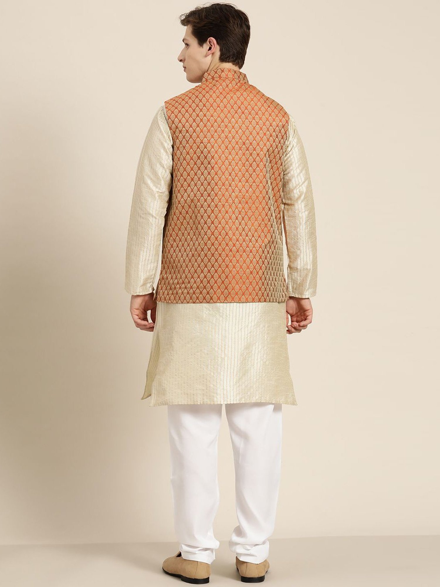Sojanya Beige & Orange Regular Fit Self Pattern Kurta Set With Jacket
