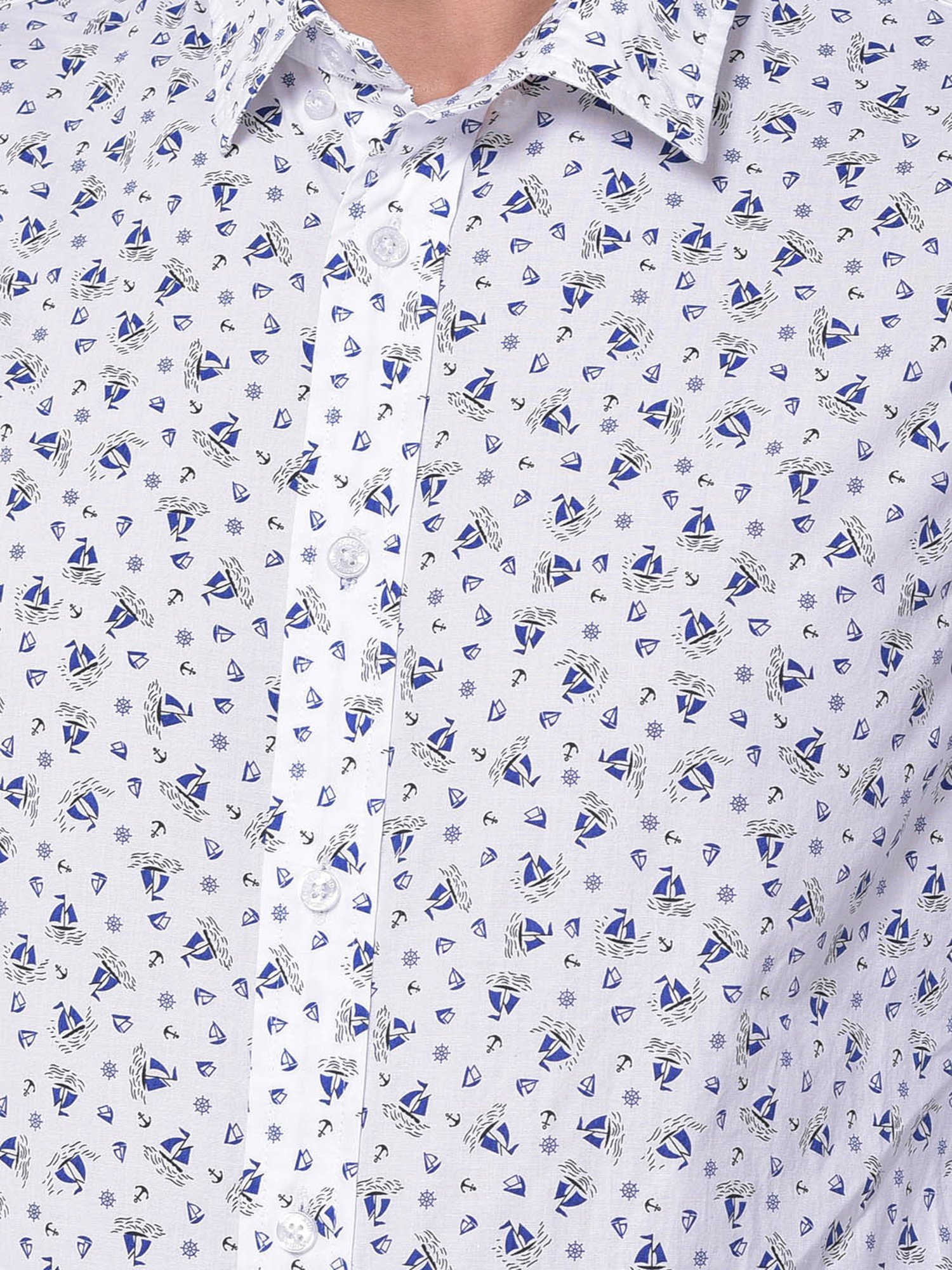 Woodland White Regular Fit Printed Cotton Shirt