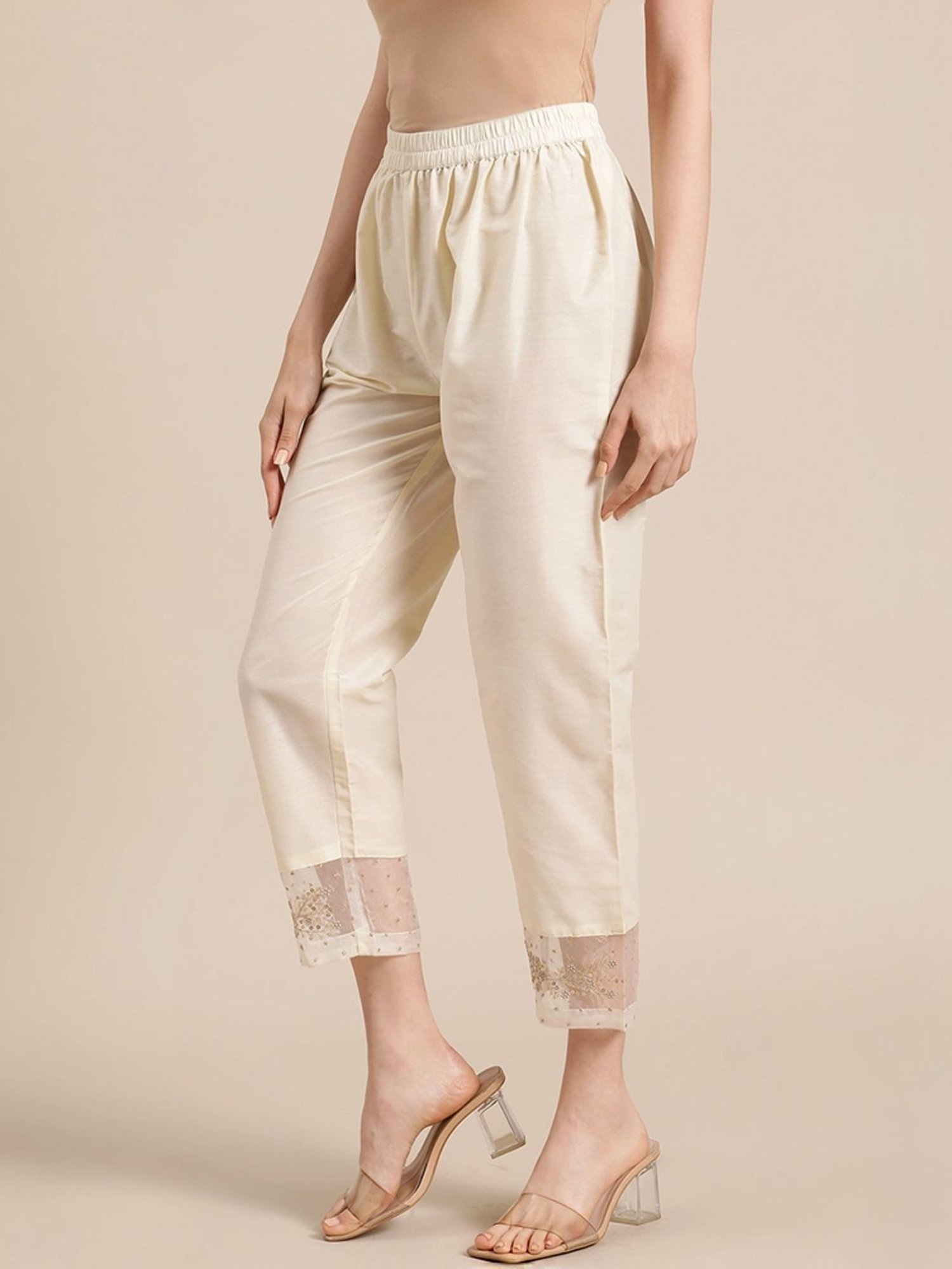 Varanga Off-White Embellished Crop Pants