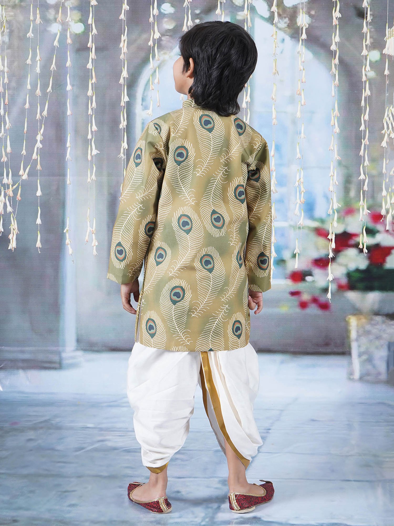 Little Bansi Kids Green & White Printed Kurta with Dhoti