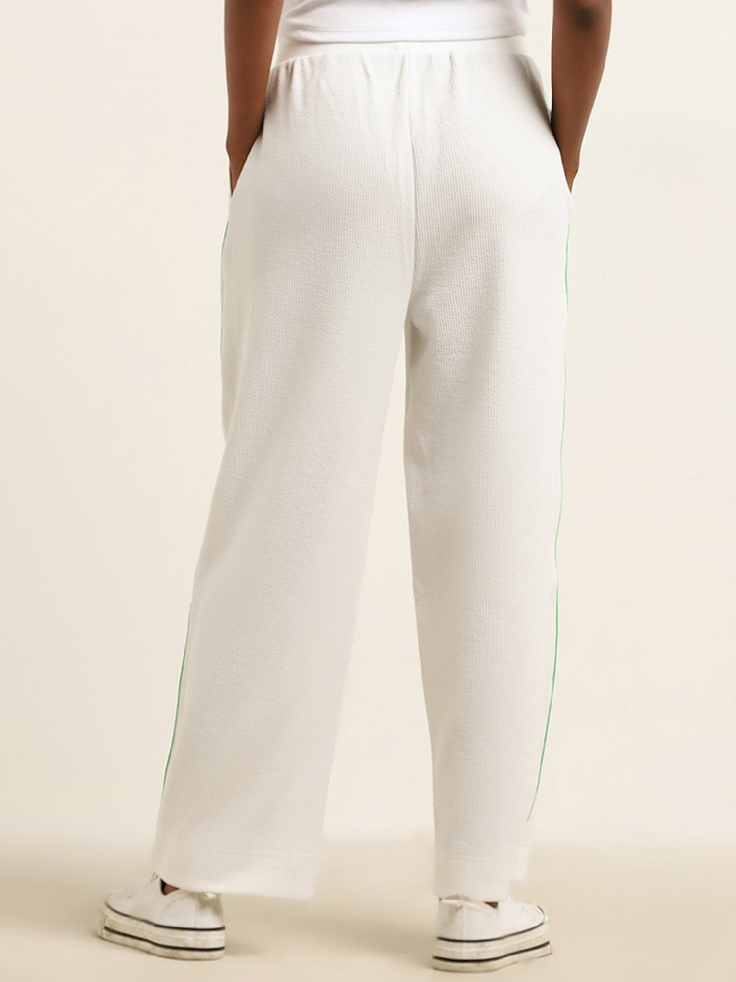 Studiofit by Westside White Ribbed Mid-Rise Cotton Blend Track Pants