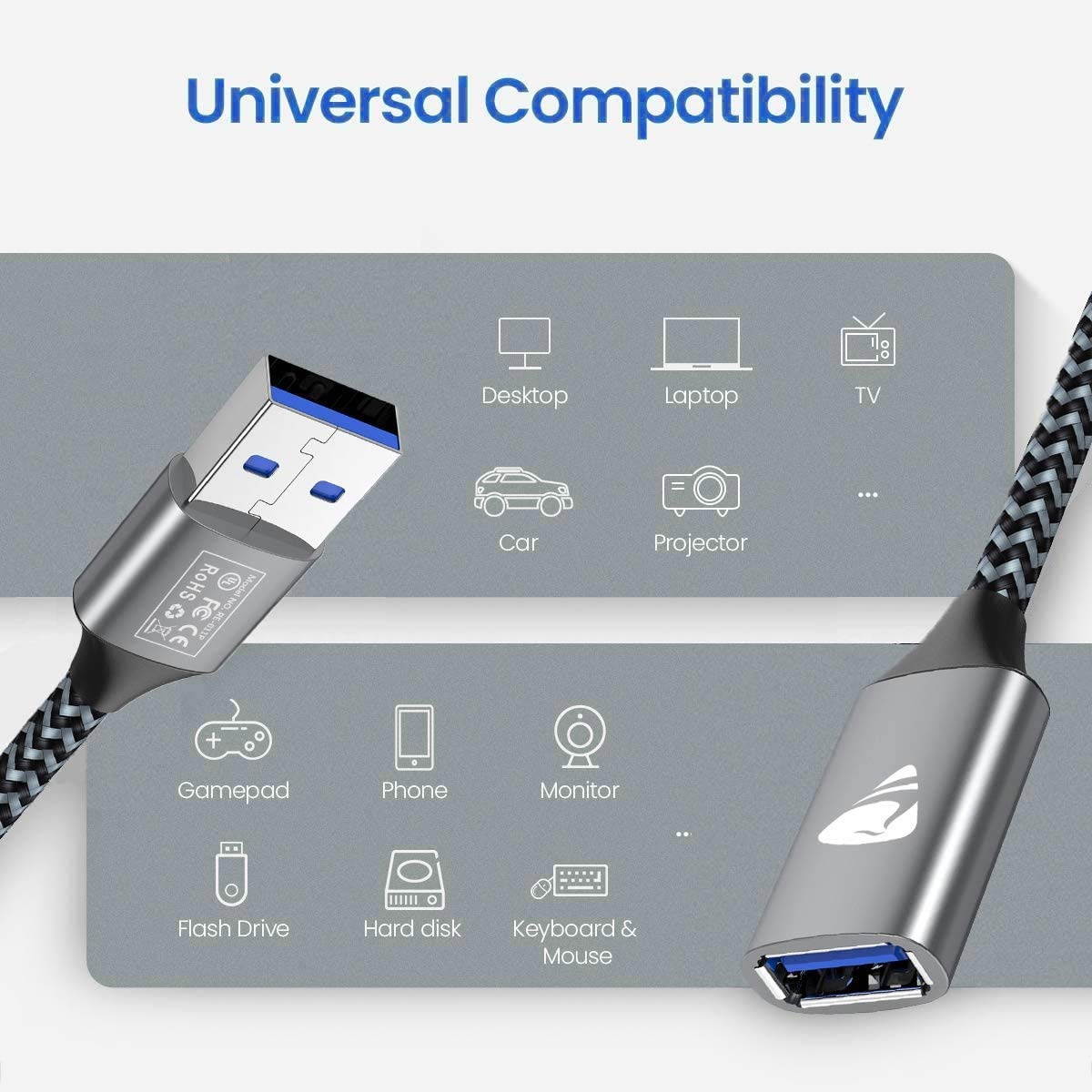 USB 3.0 Extension Cable 6FT Type A Male to Female Fast Speed Extension Cord Compatible with Printer Scanner Oculus Camera Card Reader USB Disk PS4/XBOX Controller Webcam Keyboard