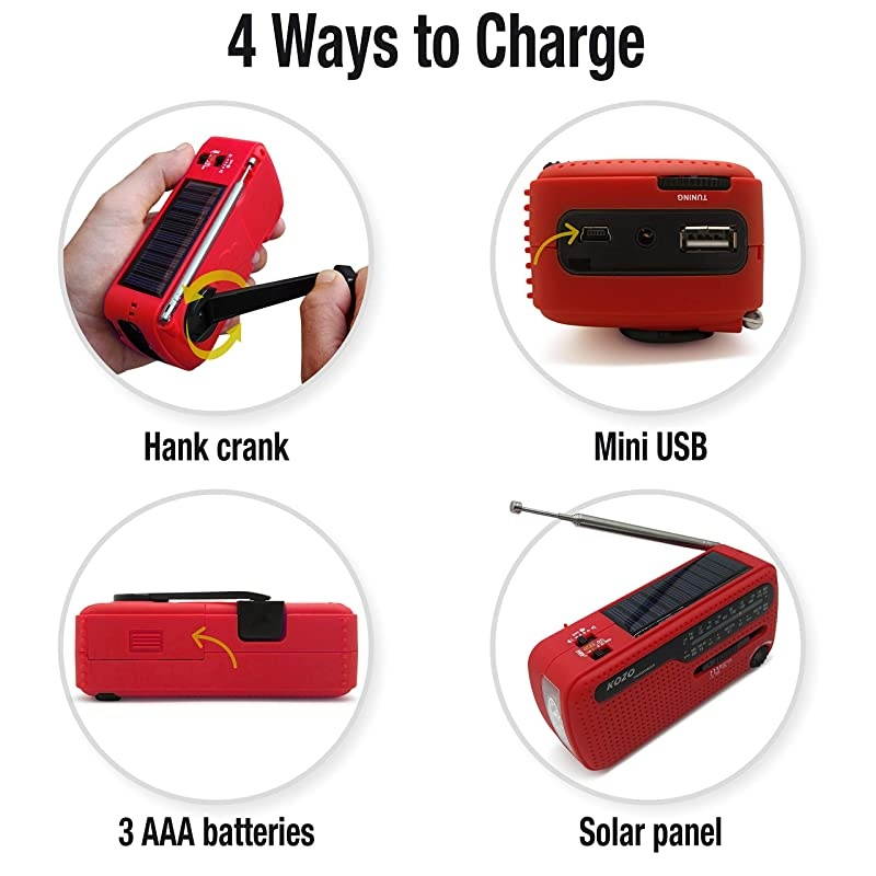 Best NOAA Weather Radio for Emergency by  Multiple Ways to Charge Self Powered by Dynamo Hand Crank Solar Panel Long Antenna to Pick Up Reception Everywhere Red