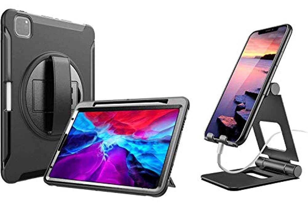 ProCase Black iPad Pro 12.9 Heavy Duty Rugged Case 2020 & 2018 Bundle with Black Foldable Cell Phone Stand Tablet Stand