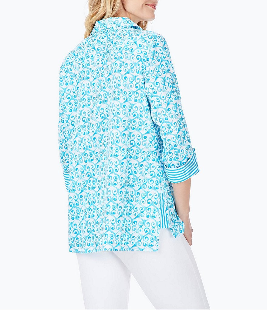Foxcroft Watercolor Trellis Roll Tab Sleeve Wing Collar Button Front Shirt