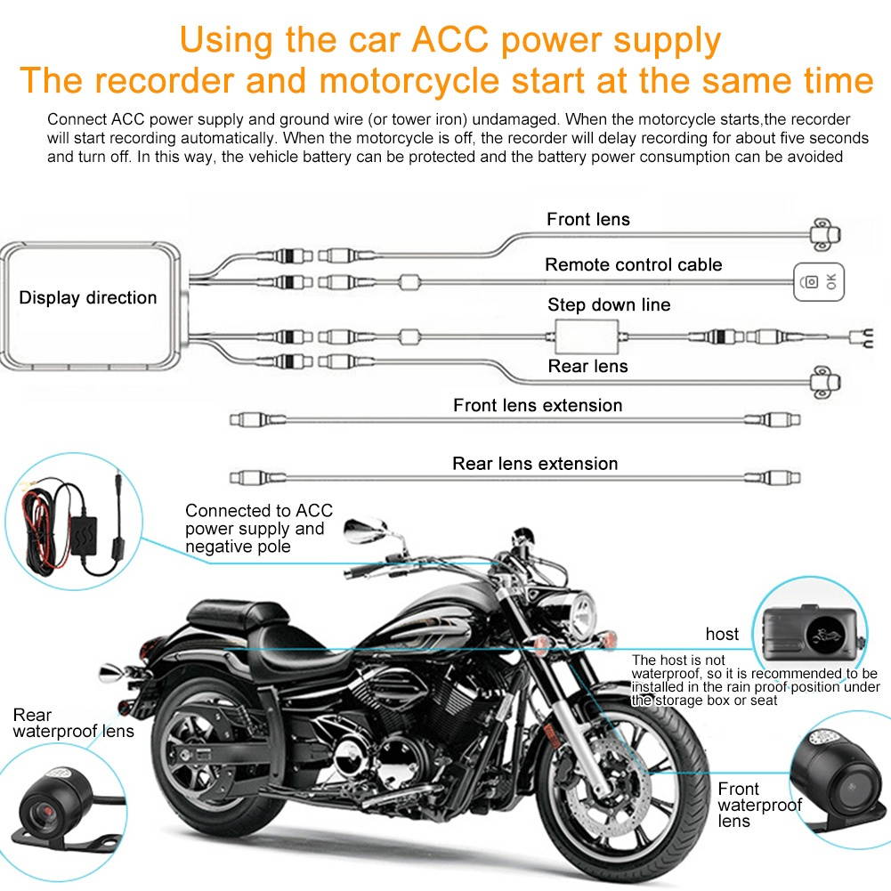 3" Motorcycle Waterproof Driving Recorder Front Rear HD 1080P Night Vision