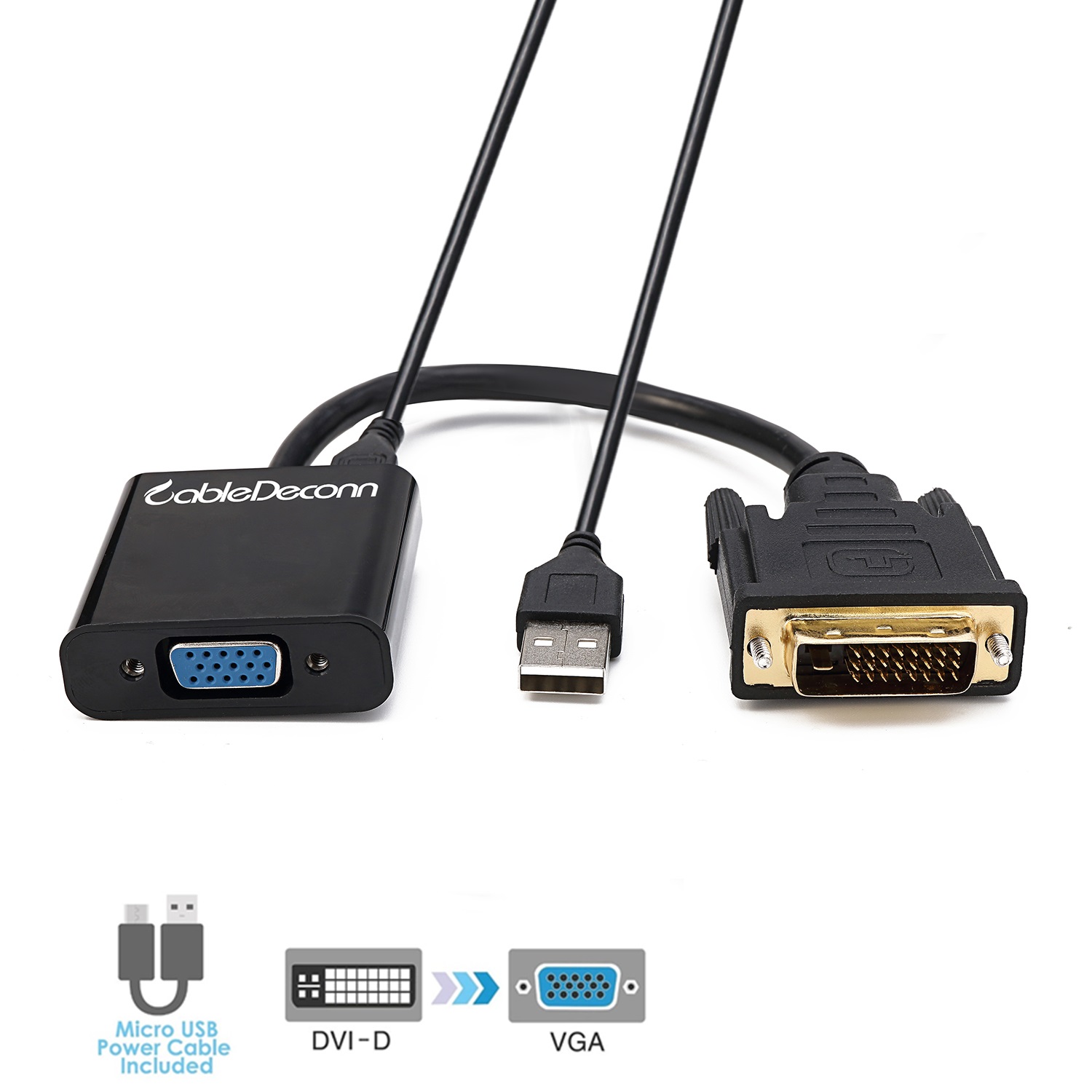 CableDeconn DVI 24+1 DVI-D M to VGA Male With Micro USB Active Adapter Converter Cable for PC DVD Monitor HDTV