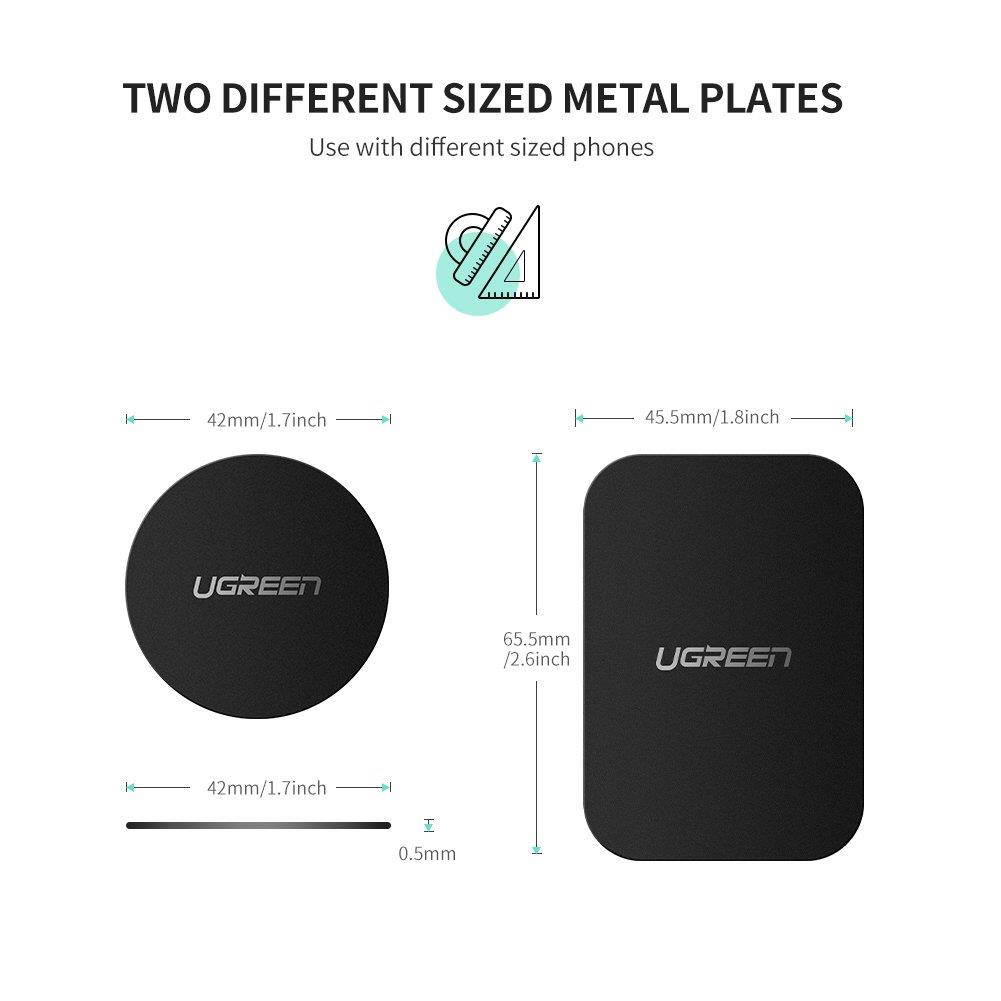 UGREEN Metal Plate for Cell Phone Magnet Holder Magnetic Car Mount with Strong Adhesive Sticker, 2 Round and 2 Rectangle Black