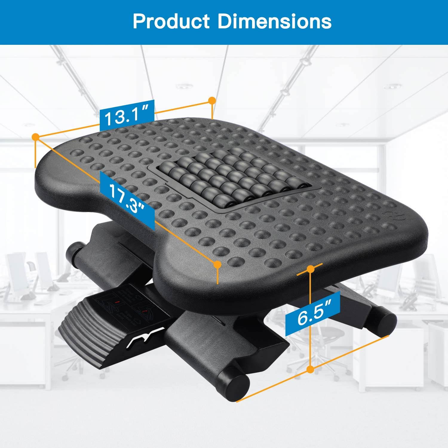 HUANUO Footrest Under Desk - Adjustable Foot Rest with Massage Texture and Roller, Ergonomic Foot Rest with 3 Height Position, 30 Degree Tilt Angle Adjustment for Home, Office
