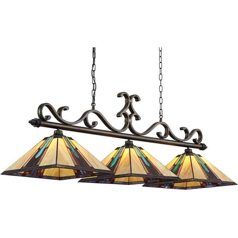 Robert Louis Tiffany Bronze Linear Island Pendant Chandelier 56" Wide Tiffany Style Ranier Art Glass 3-Light Fixture for Kitchen