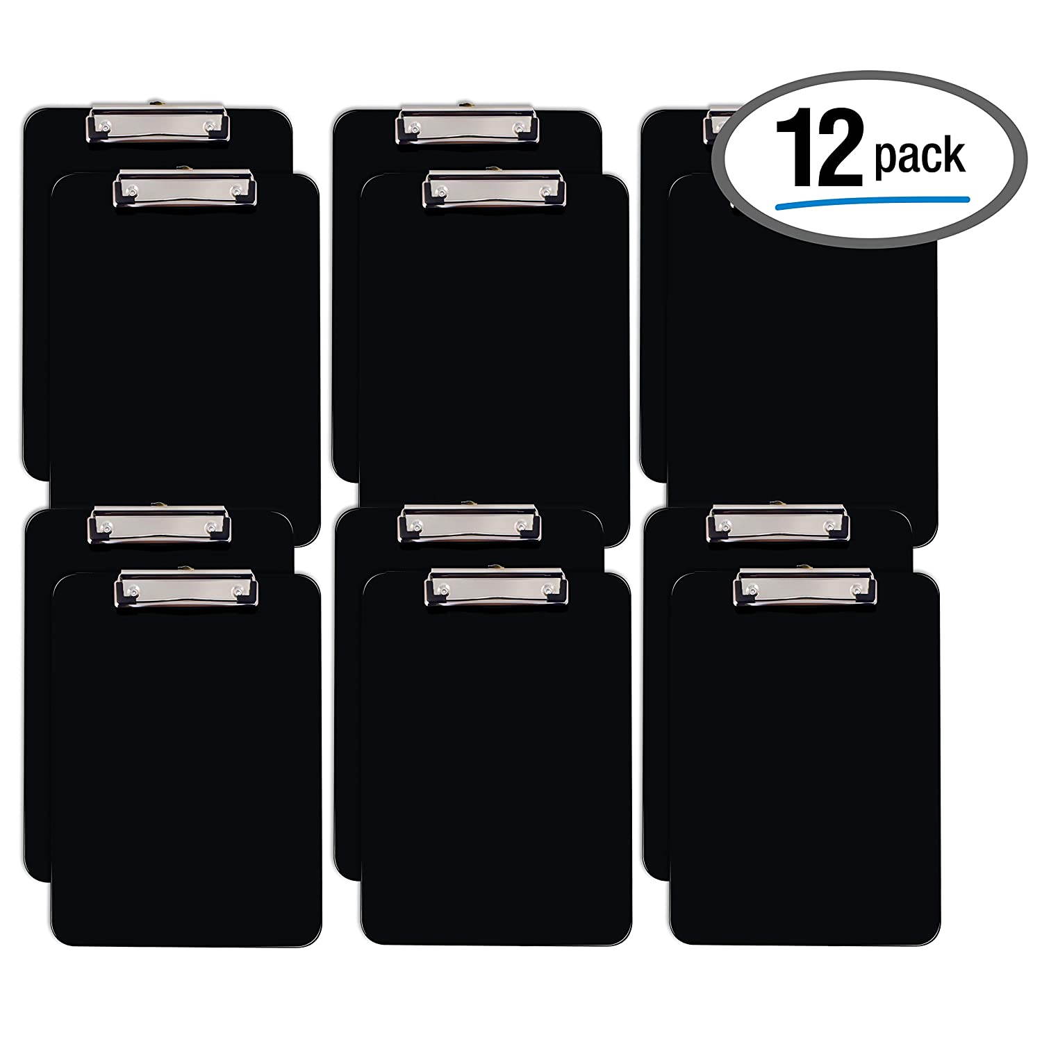 Black Plastic Clipboards, 12 Pack, Durable, 12.5 x 9 Inch, Low Profile Clip, by Better Office Products, Black, Set of 12