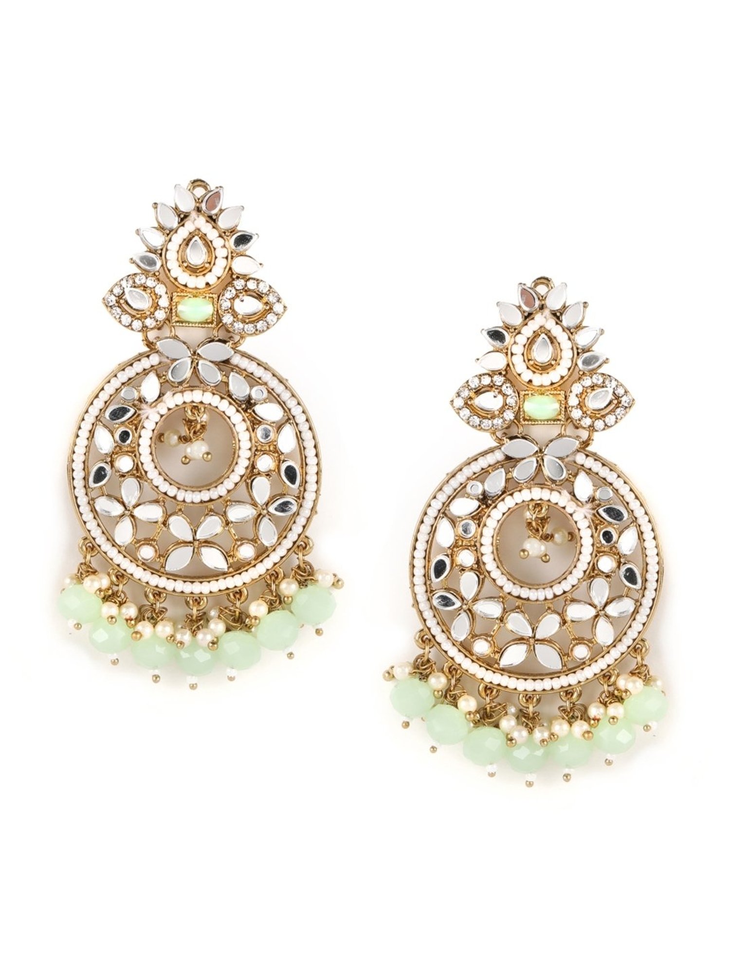 Aatmana Mint Green Gold-Plated stone Studded & Beadded Crescent Shaped Dangler Earrings