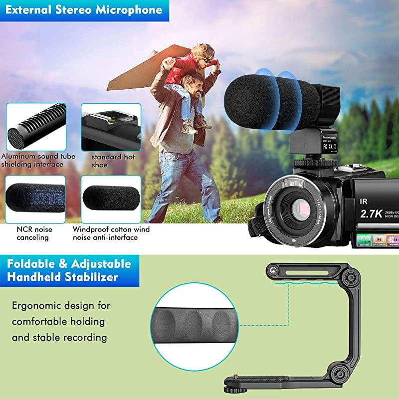 Camera Camcorder Digital Youtube Vlogging Camera 27K Full HD 36MP30FPS IR Night Vision 30quot IPS Touch Screen 16X Digital Zoom Camcorder with Microphone Remote Control 2 Batteries