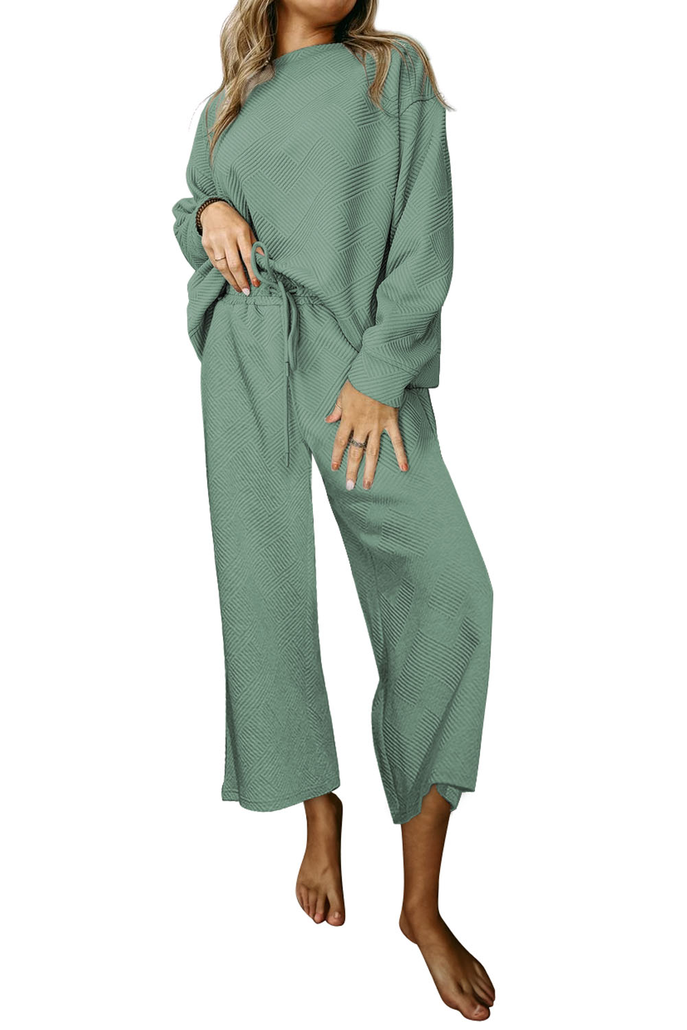 Green Solid Color Quilted Long Sleeve Top and Wide Leg Pants Set