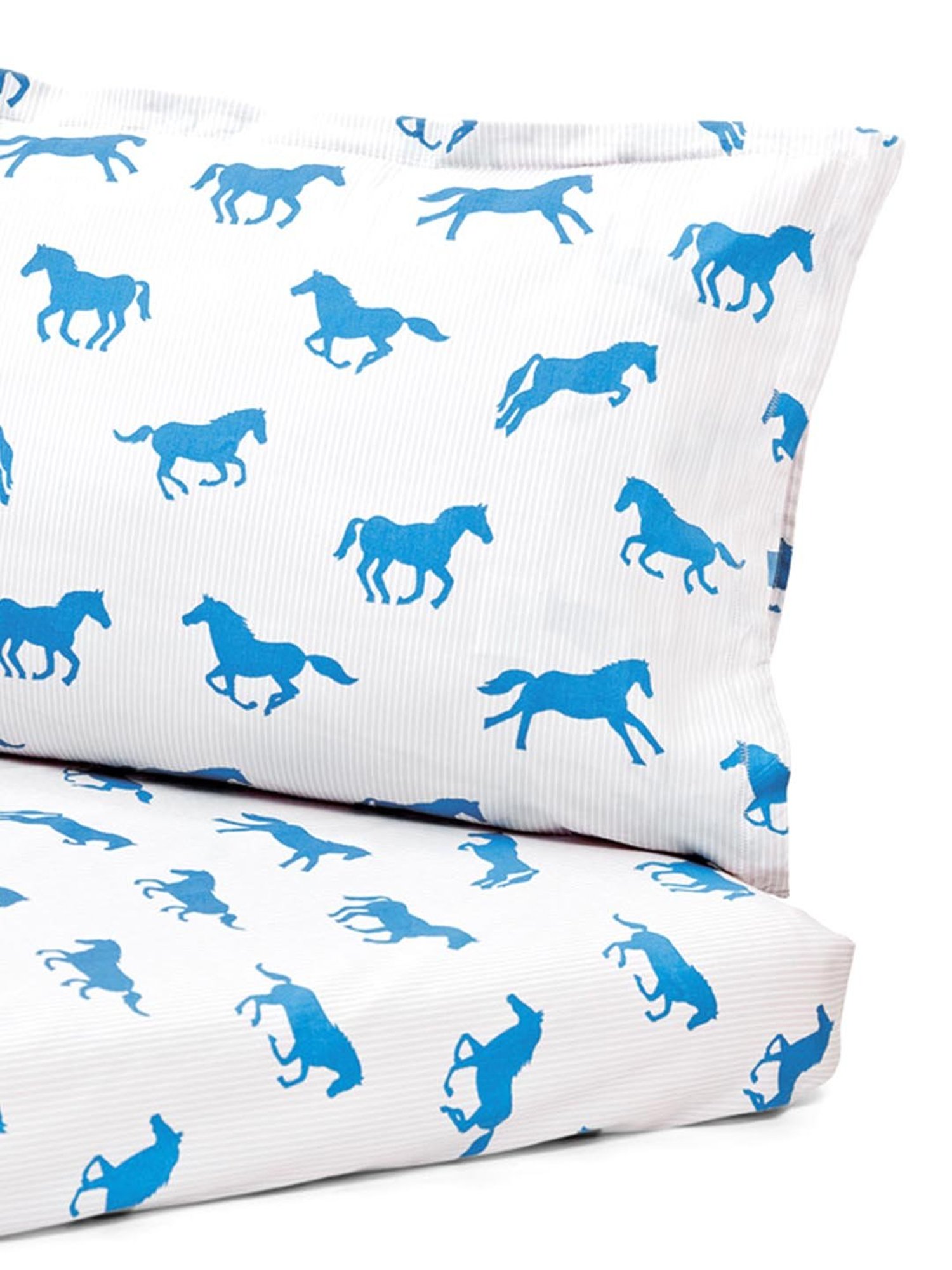 Nigh Nigh Horse White & Blue Cotton 300 TC Kids Bed Linen Set