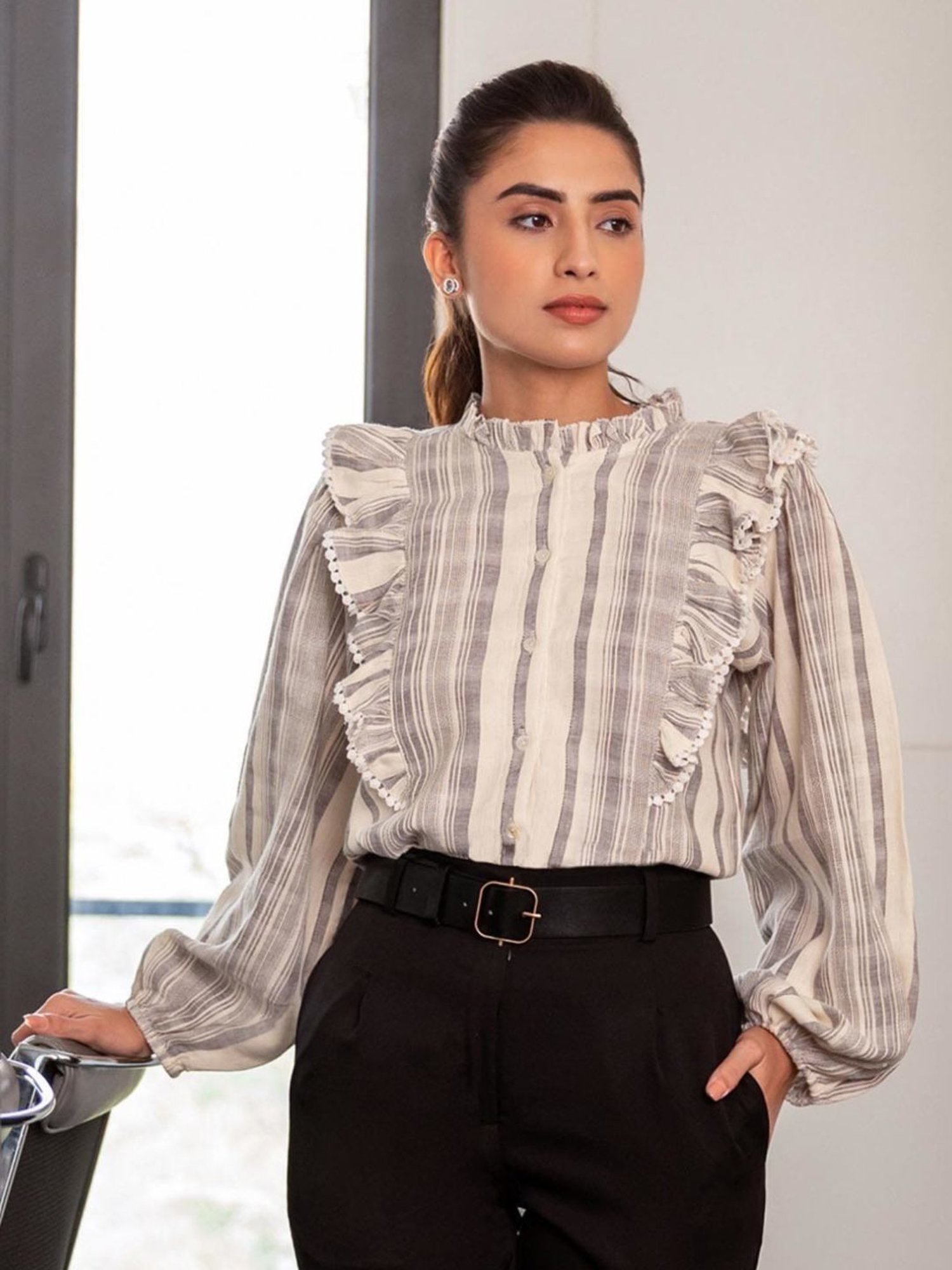 BInfinite Grey Cosmo Striped Ruffled Shirt