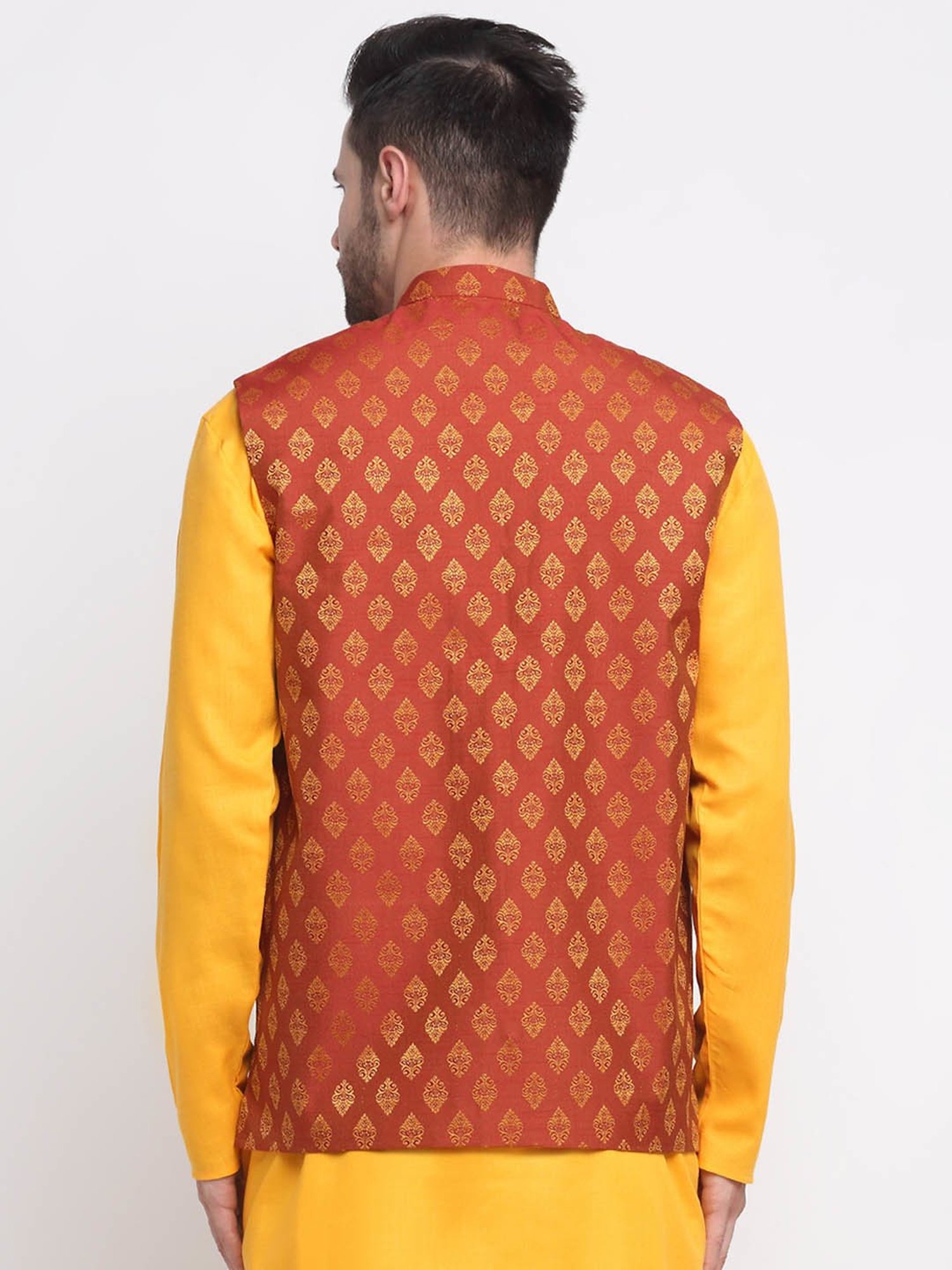 Neudis Men Rust Printed Mandarin Collar Nehru Jacket
