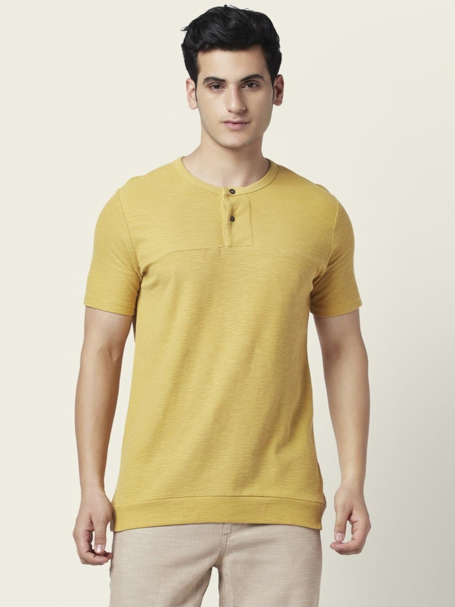7 Alt by Pantaloons Mustard Yellow Cotton Slim Fit Self Pattern T-Shirt