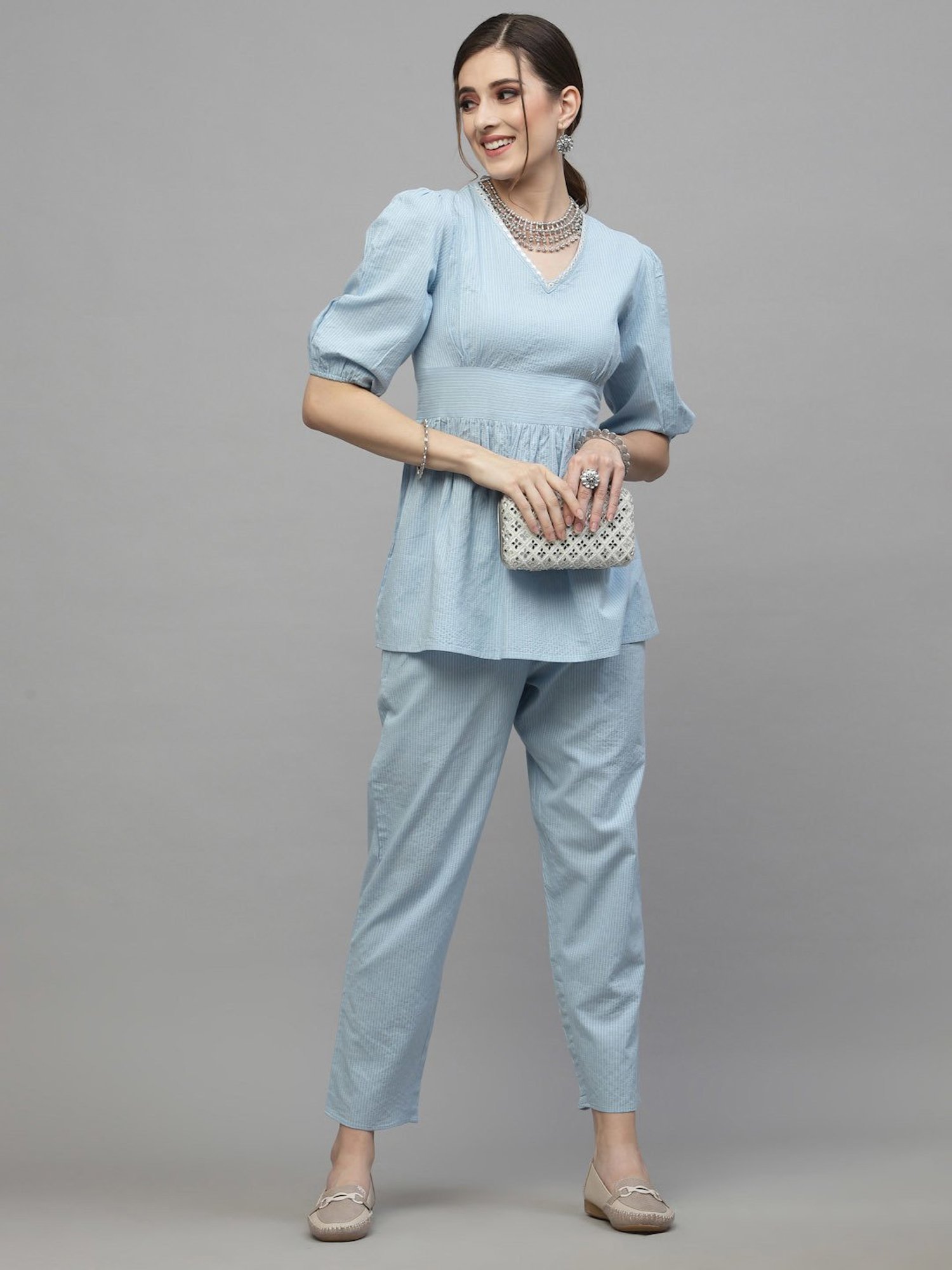 Stylum Sky Blue Cotton Striped Tunic Pant Set