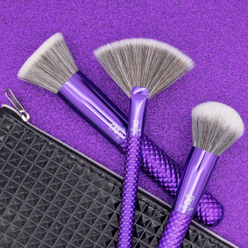 MODA Brush Metallics 4pc Blended Beauty Purple Makeup Brush Set with Black Studded Zip Case, Includes - Blender, Buffer and Fan Brushes