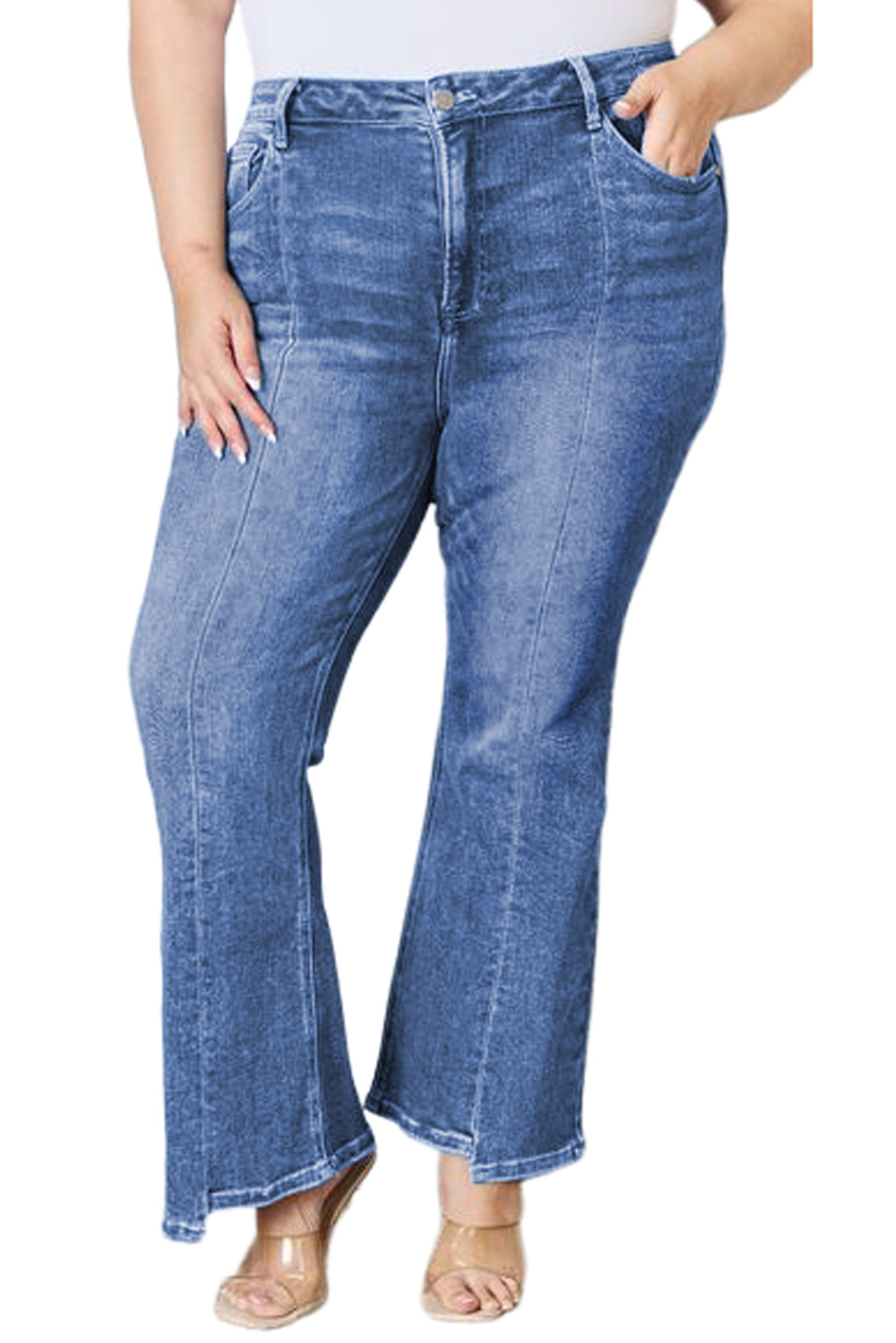 Dark Blue Plus Size Stitching Washed Flare Jeans