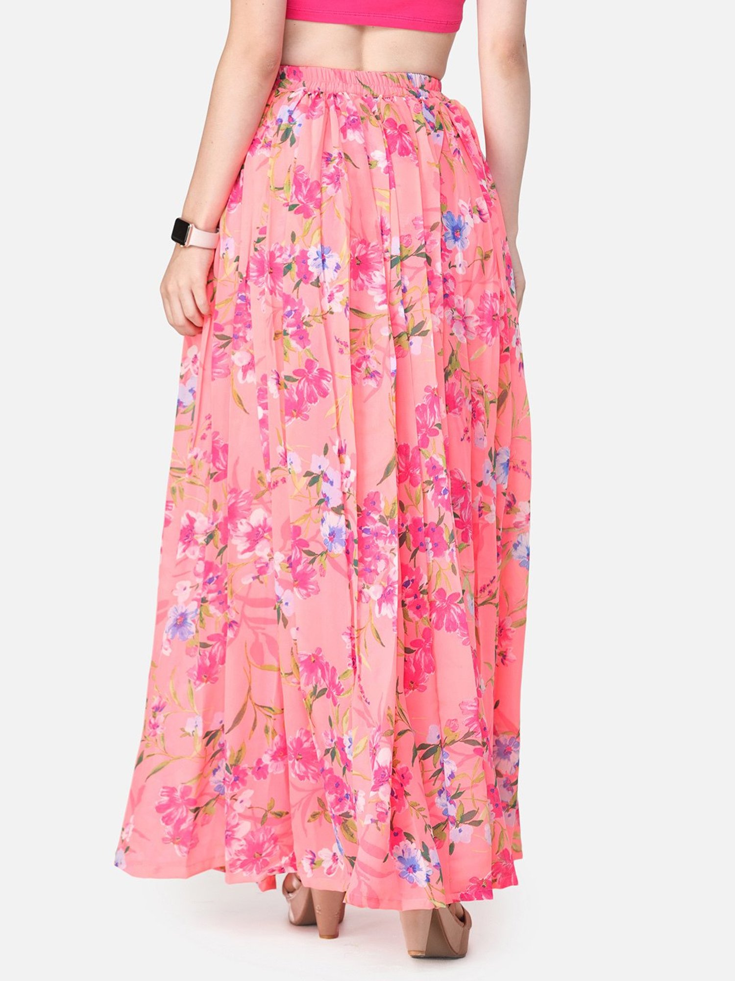 Scorpius Peach Georgette Floral Print Skirt