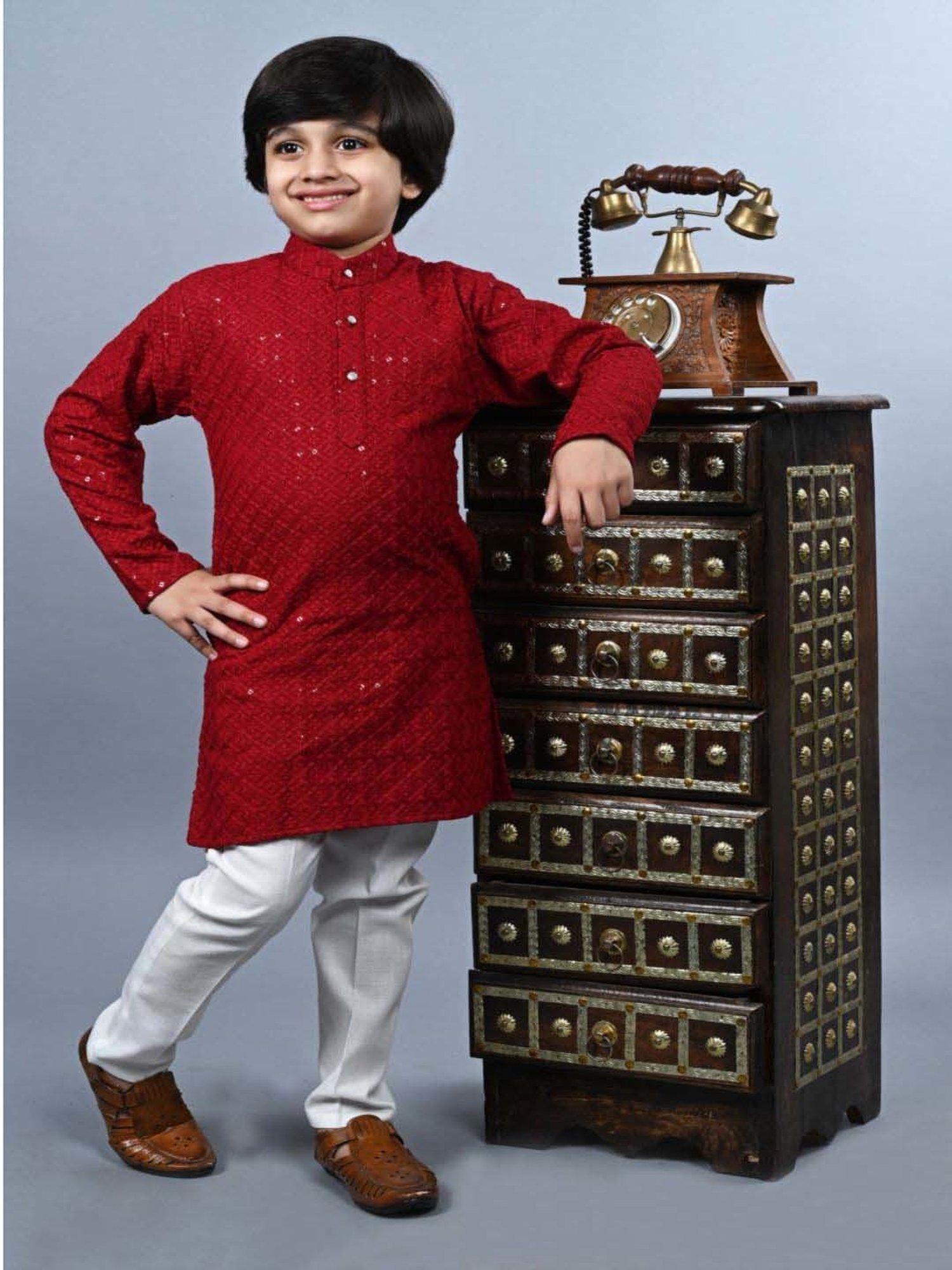Ahhaaaa Kids Red & White Cotton Embroidered Full Sleeves Kurta Set