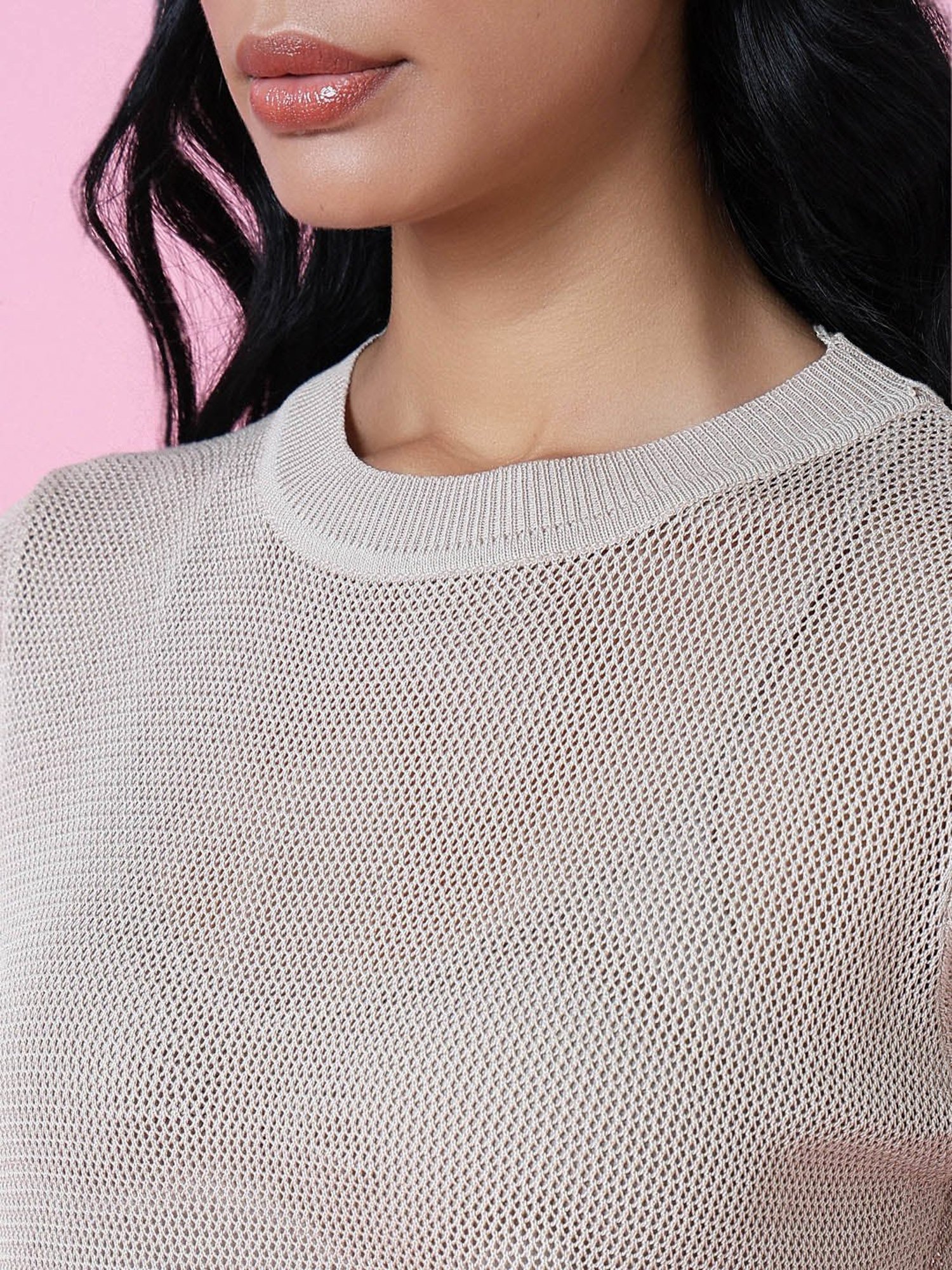 SHOWOFF Beige Self Design Top