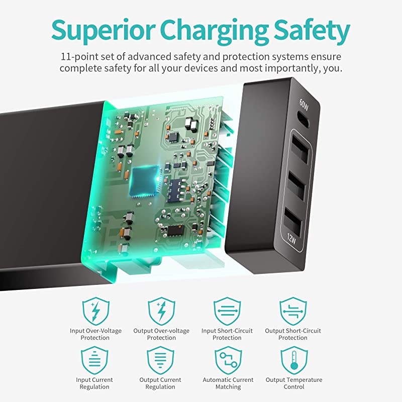 USB C Charger  4Port 72W USB Wall Charger with TypeC 60W Power Delivery PD Charger Station Compatible with iPhone 11 Pro Max 2017 MacBook Pro Pixel XL Galaxy S9 Plus iPad Pro 2018 Black